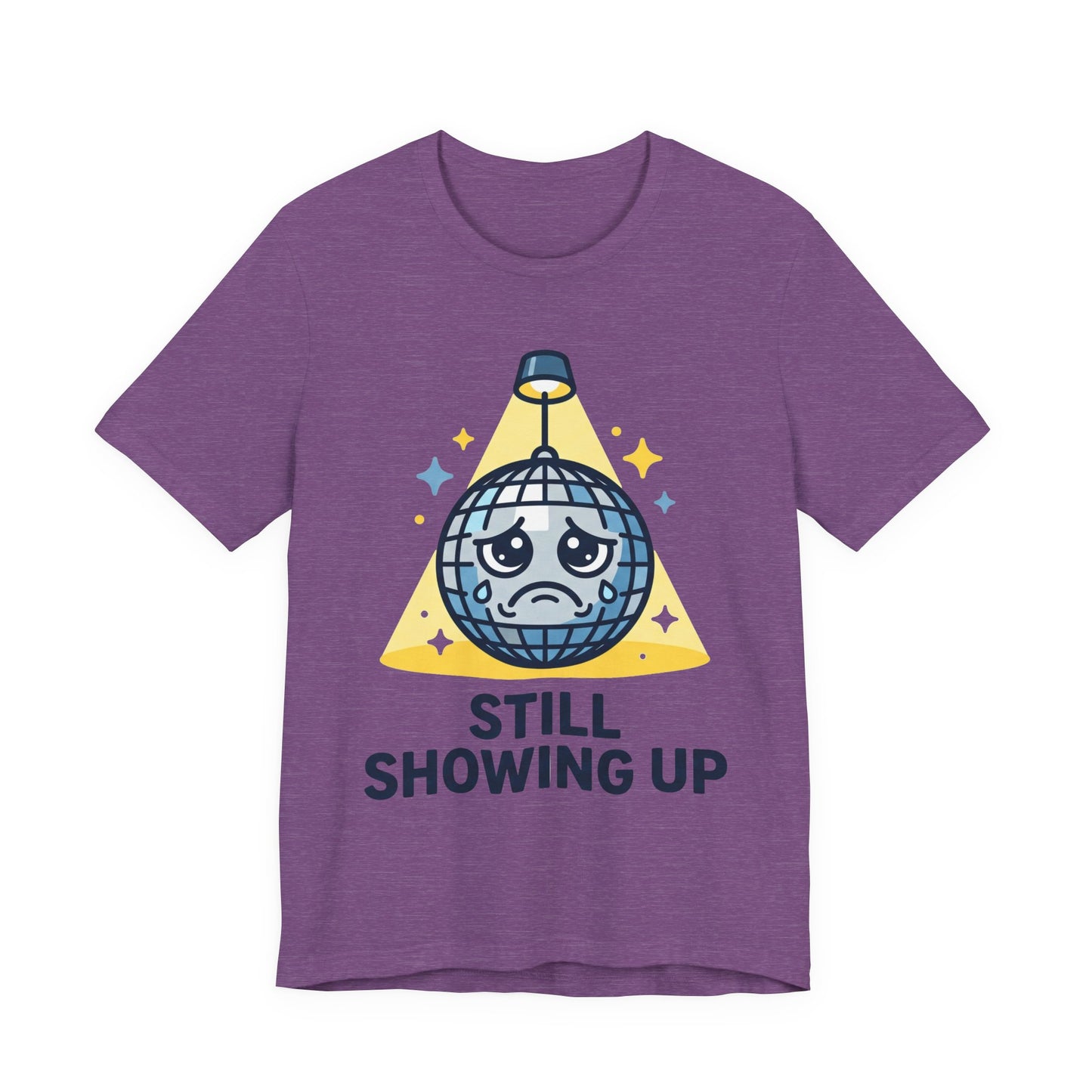 Red Bella+Canvas 3001 unisex tee with Still Showing Up graphic, flat lay
