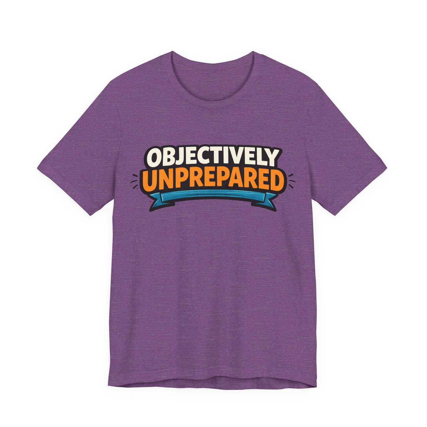 Red Bella+Canvas 3001 unisex tee with Objectively Unprepared graphic, flat lay