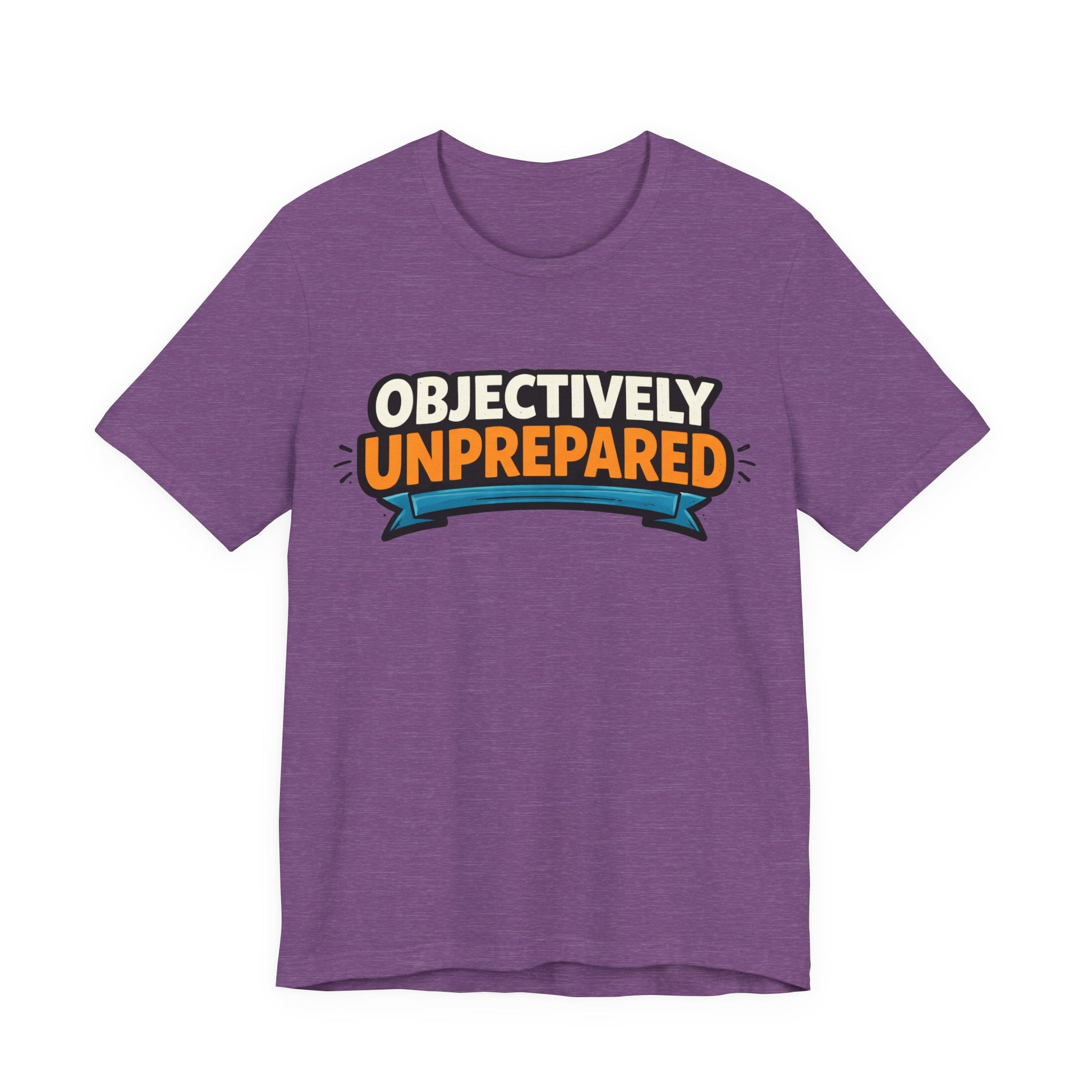 Red Bella+Canvas 3001 unisex tee with Objectively Unprepared graphic, flat lay