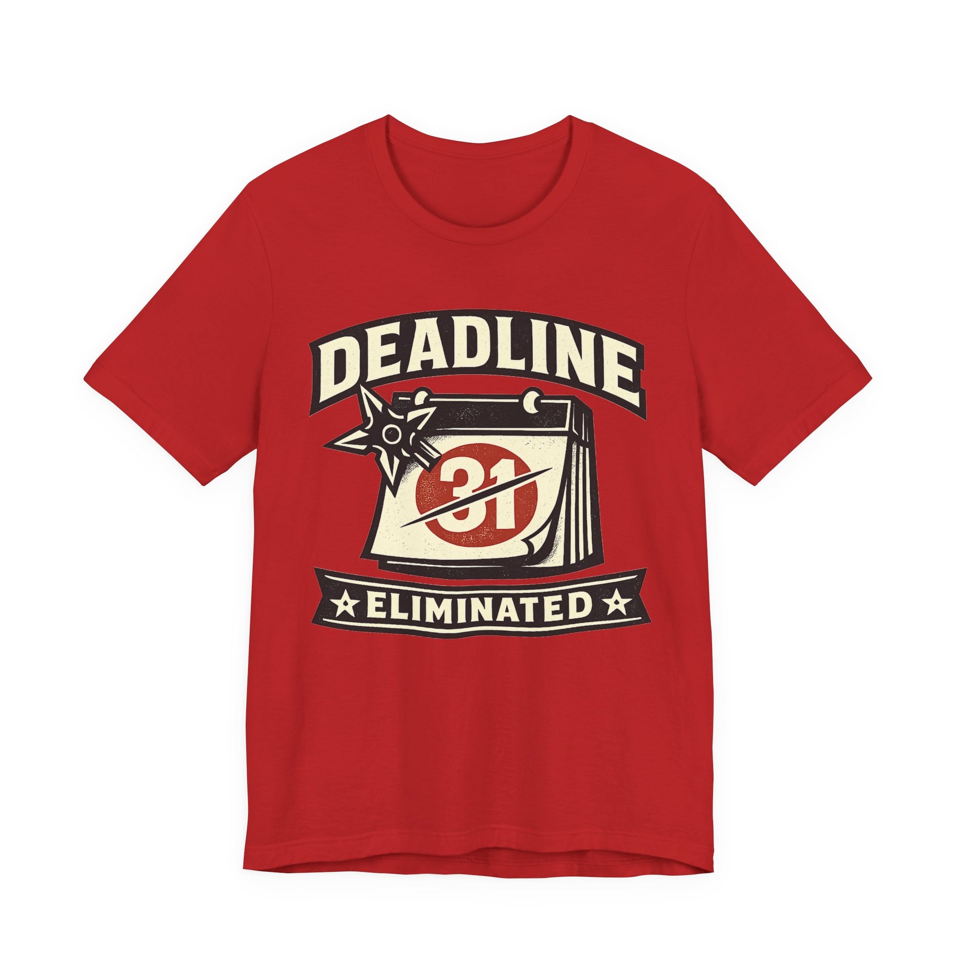 Red Bella+Canvas 3001 unisex tee with Deadline Eliminated ninja badge graphic, flat lay