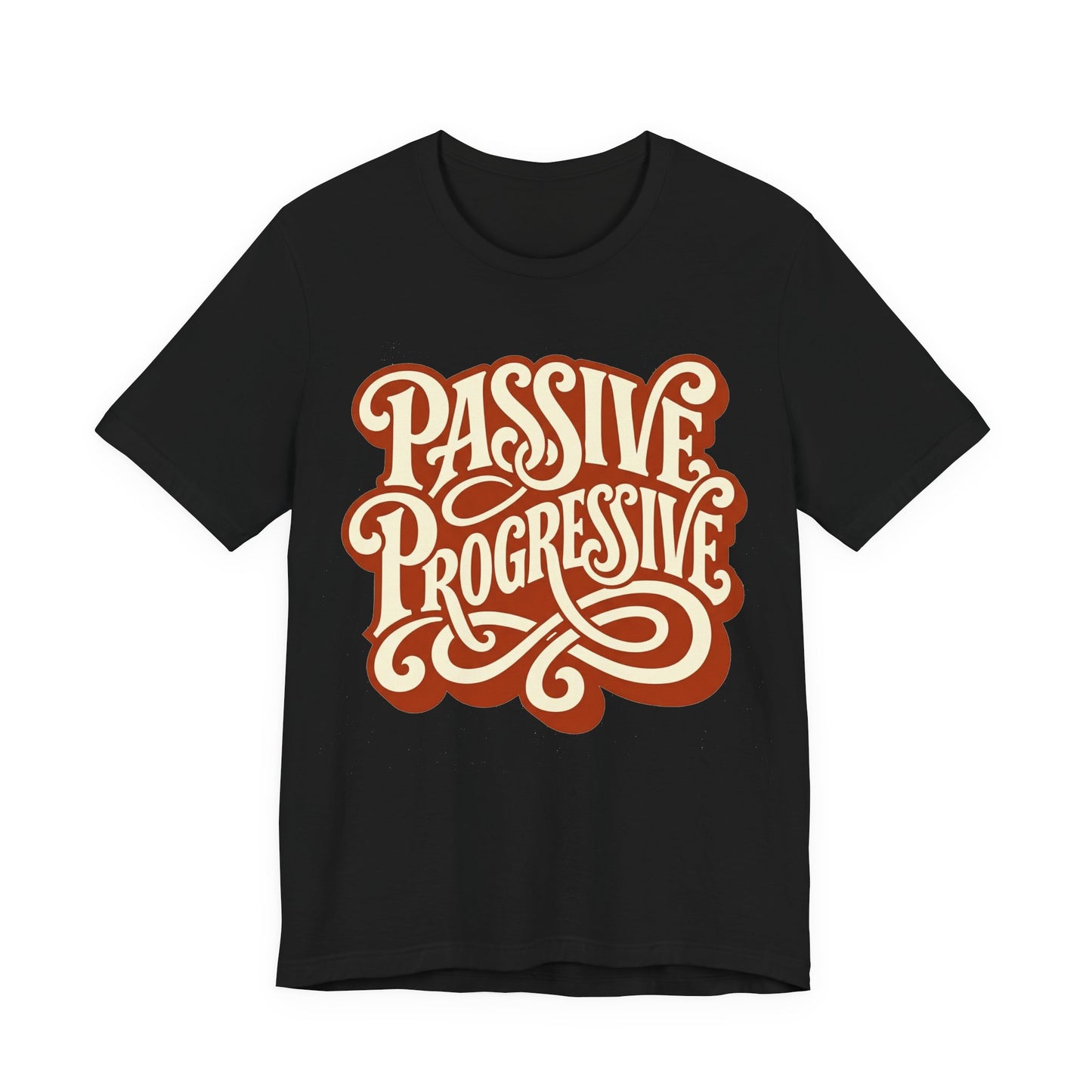 Black Bella+Canvas 3001 unisex tee with Passive Progressive graphic, flat lay