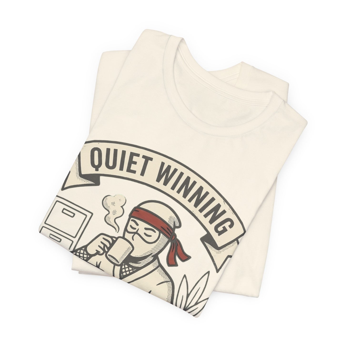 Navy Bella+Canvas 3001 unisex tee with Quiet Winning ninja laptop design, flat lay