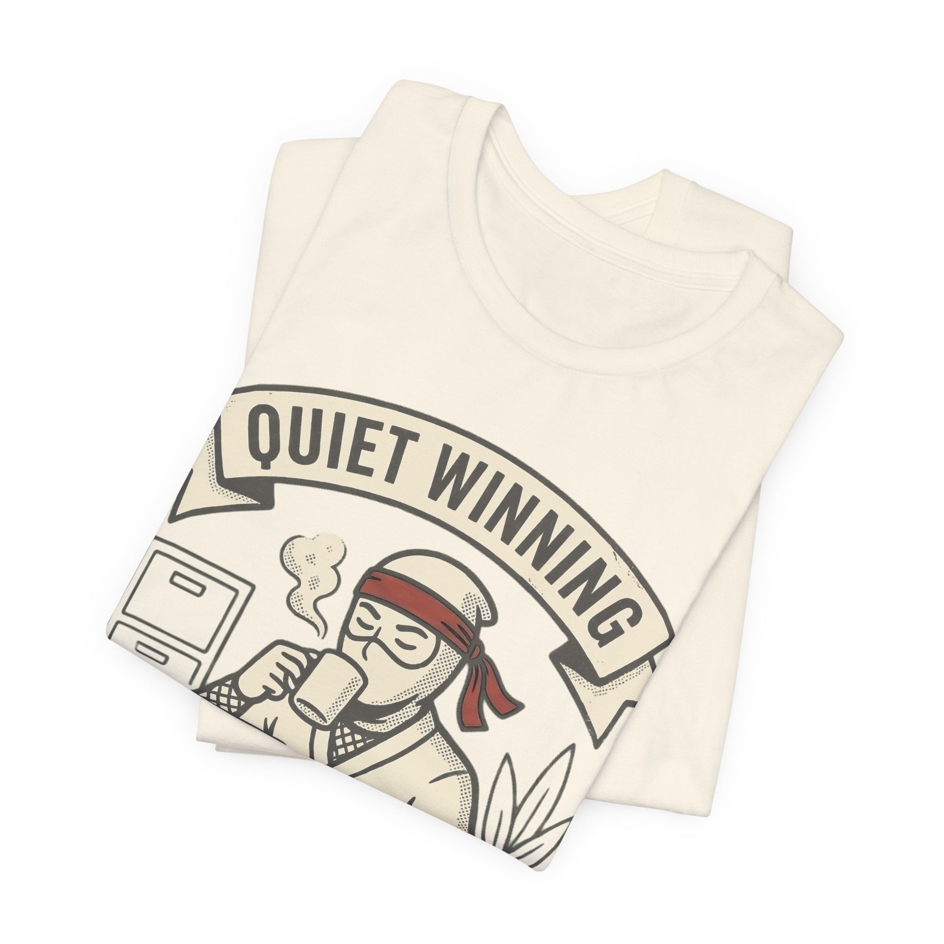 Navy Bella+Canvas 3001 unisex tee with Quiet Winning ninja laptop design, flat lay