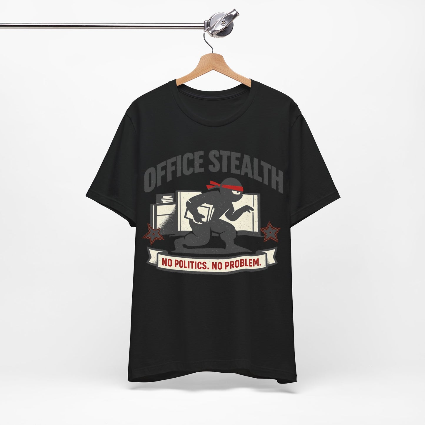 Natural Bella+Canvas 3001 unisex tee with Office Stealth vintage faded ninja design, flat lay