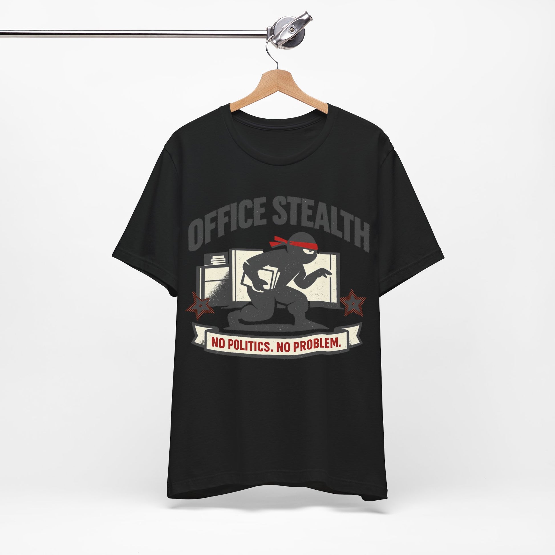 Natural Bella+Canvas 3001 unisex tee with Office Stealth vintage faded ninja design, flat lay