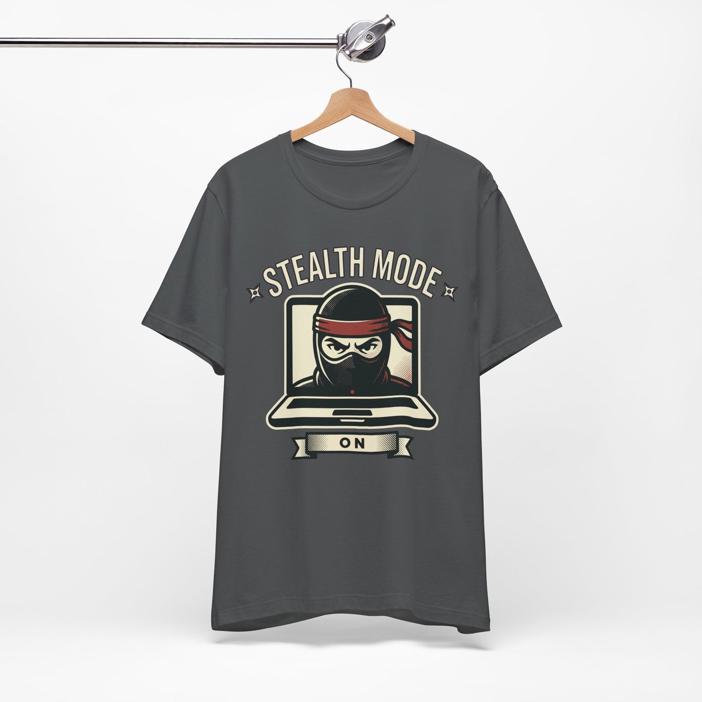 Red Bella+Canvas 3001 unisex tee with Stealth Mode On ninja laptop graphic, detail view