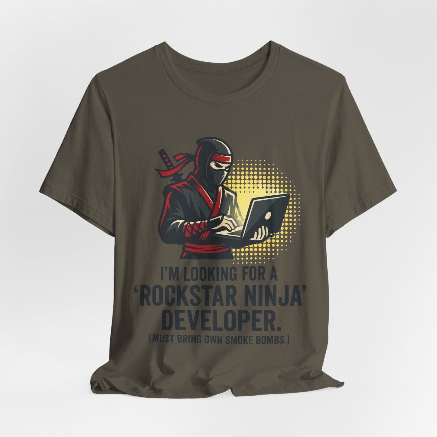 Natural Bella+Canvas 3001 unisex tee with Rockstar Ninja Developer graphic and text design, lifestyle view