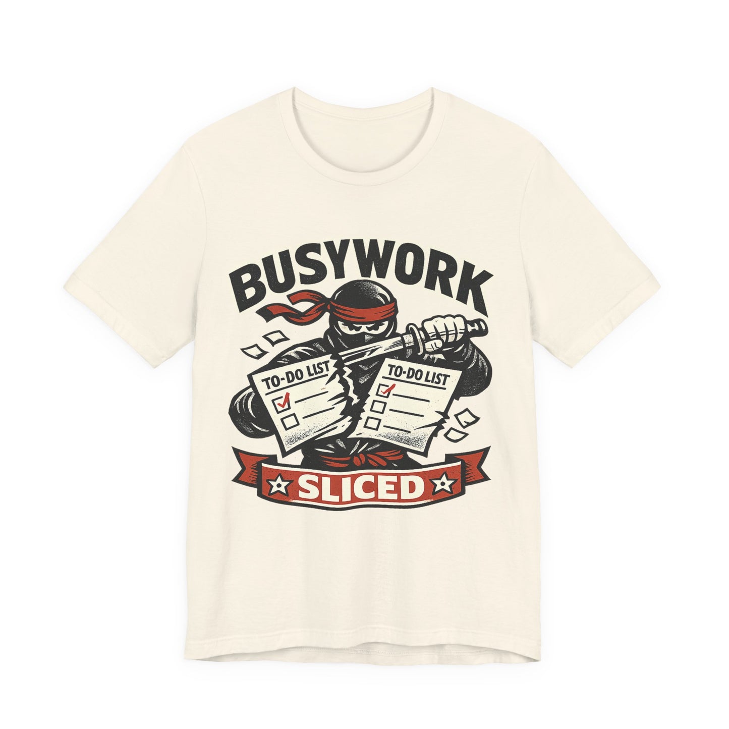 Natural Bella+Canvas 3001 unisex tee with Busywork Sliced ninja slicing to-do lists graphic, on hanger
