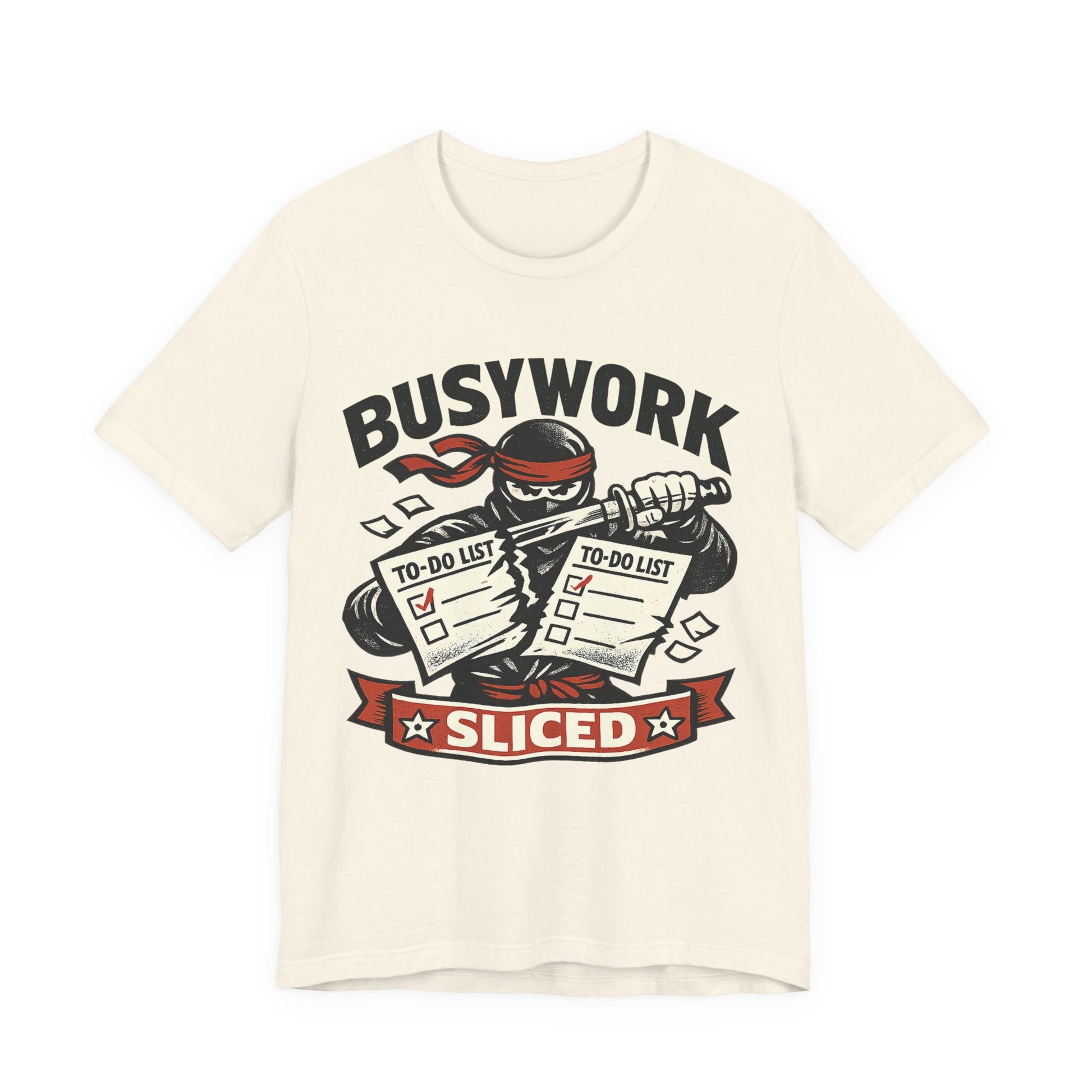 Natural Bella+Canvas 3001 unisex tee with Busywork Sliced ninja slicing to-do lists graphic, on hanger