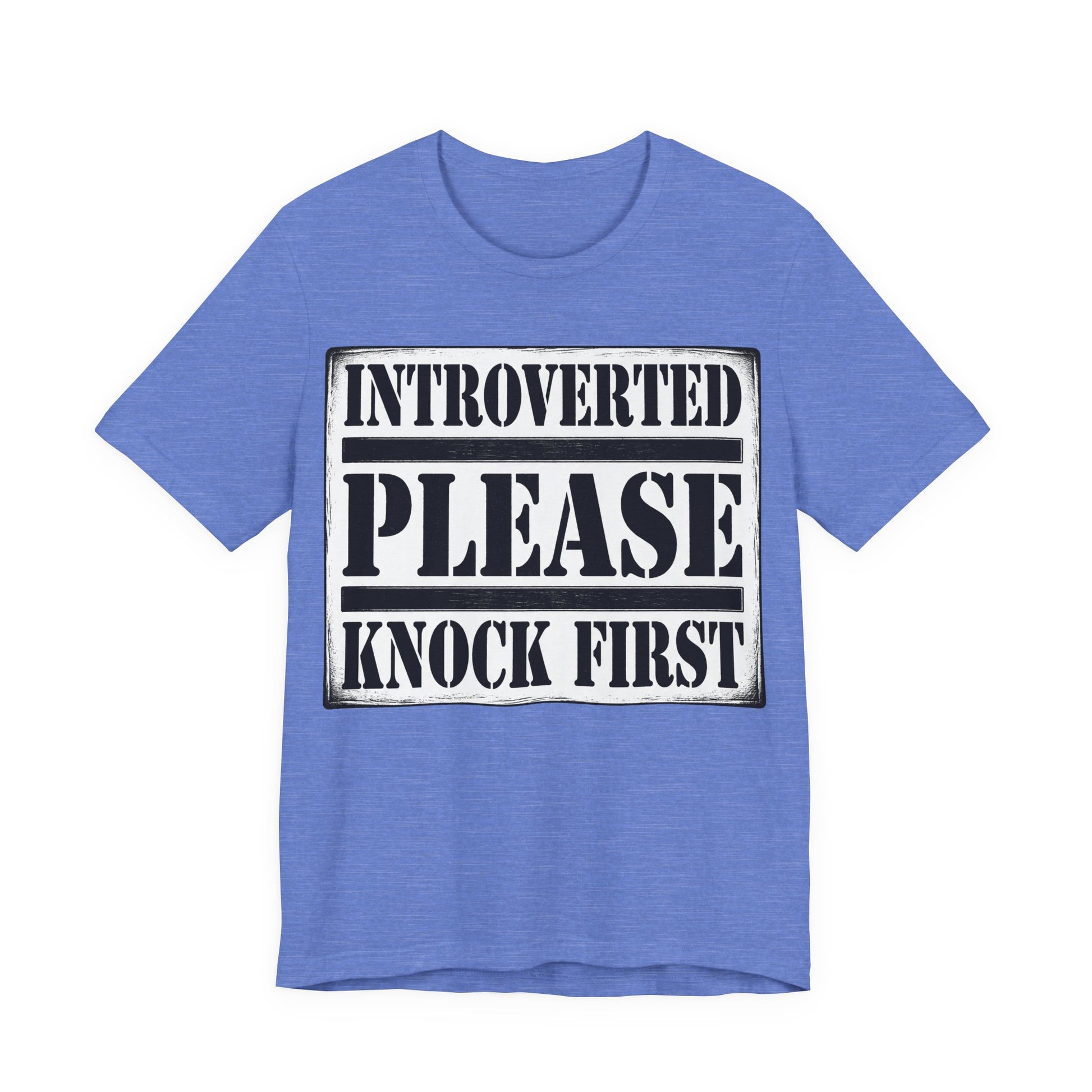 Heather Columbia Blue Bella+Canvas 3001 unisex tee with Introverted Please Knock First graphic