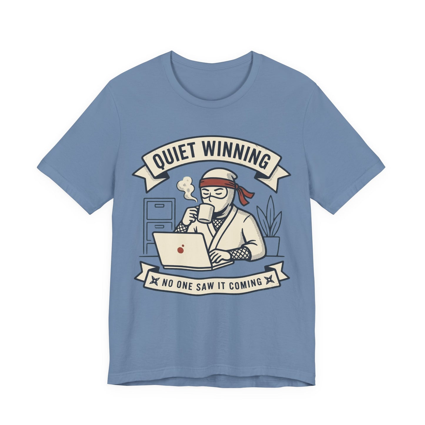 Steel Blue Bella+Canvas 3001 unisex tee with Quiet Winning ninja laptop design, on hanger