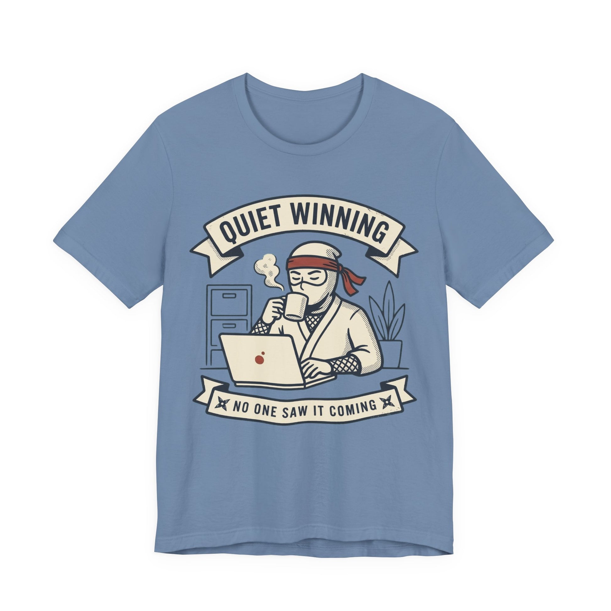 Steel Blue Bella+Canvas 3001 unisex tee with Quiet Winning ninja laptop design, on hanger