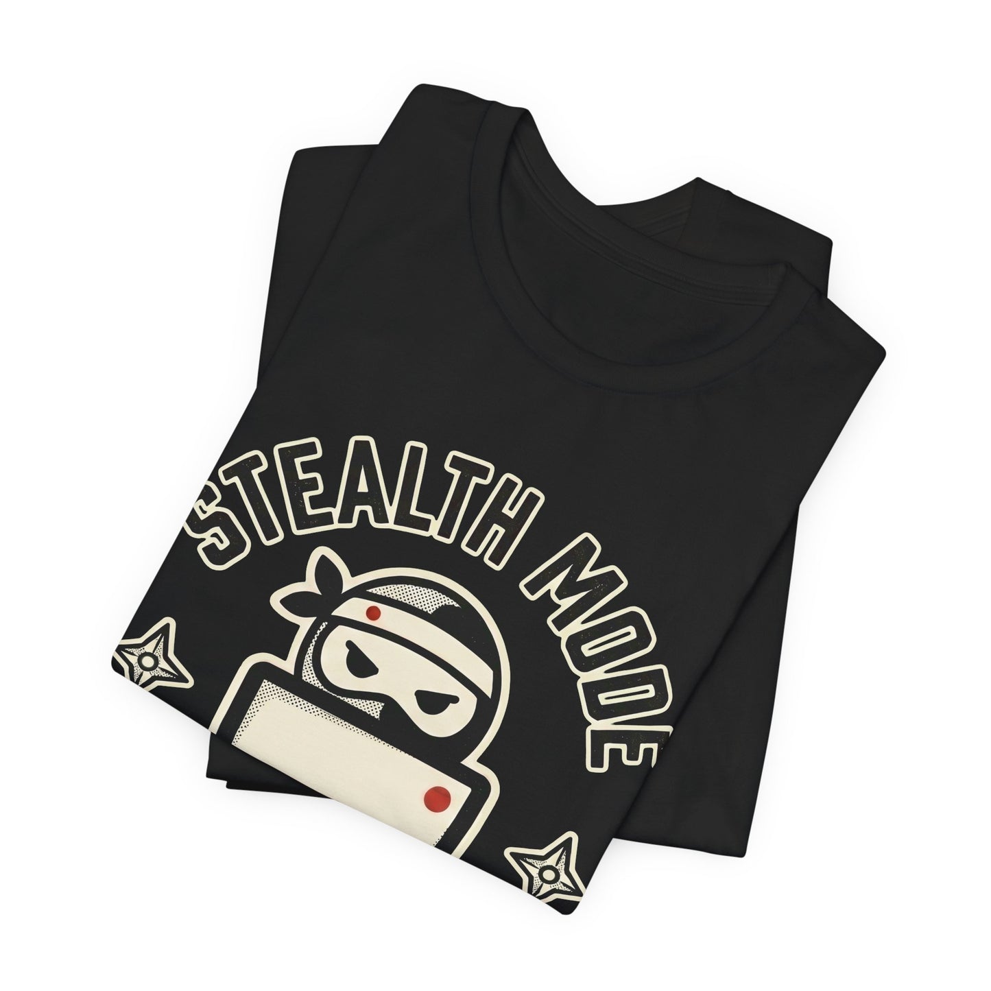 Black Bella+Canvas 3001 unisex tee with Stealth Mode On ninja laptop badge graphic, on hanger