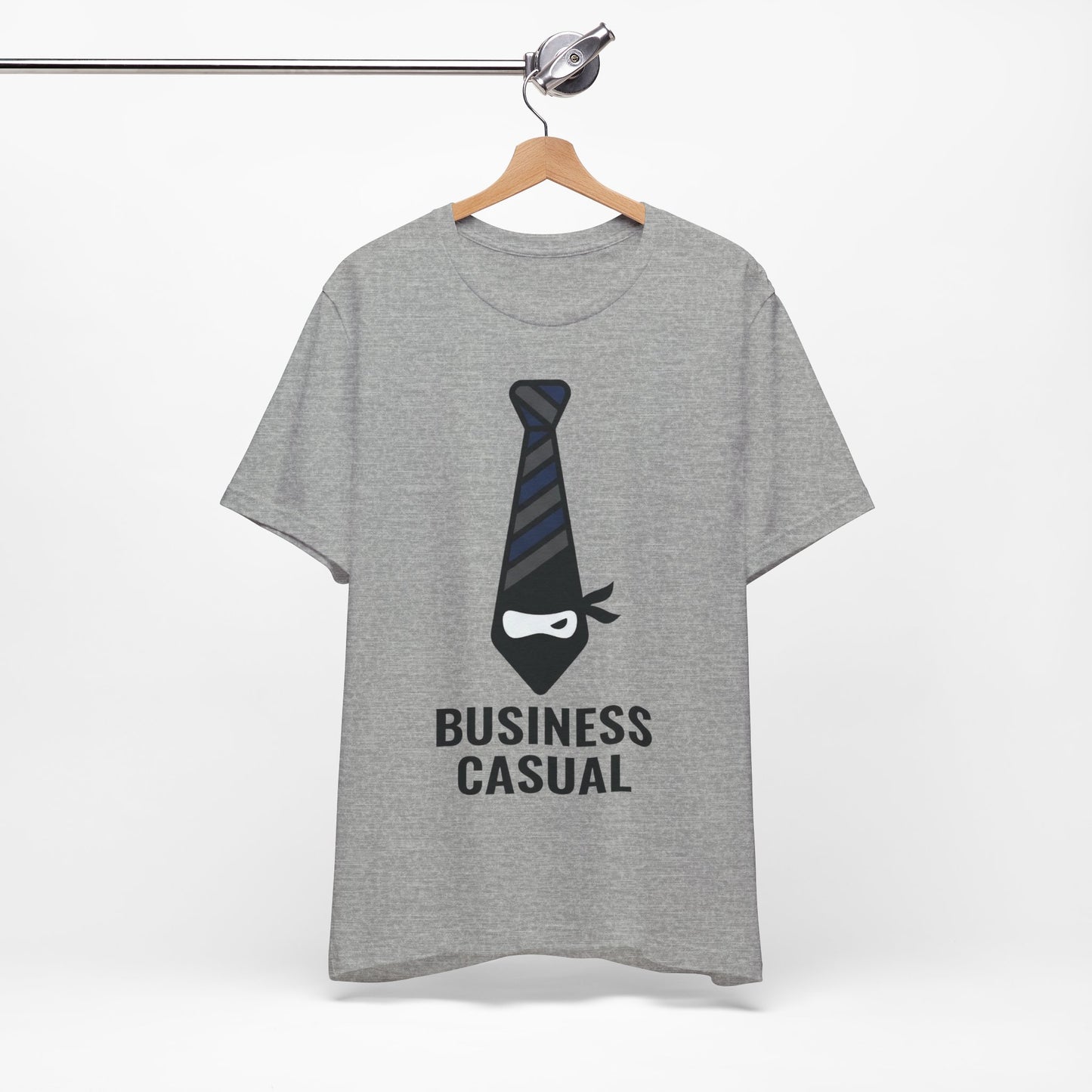 Athletic Heather Bella+Canvas 3001 unisex tee with Business Casual ninja in tie graphic, on hanger