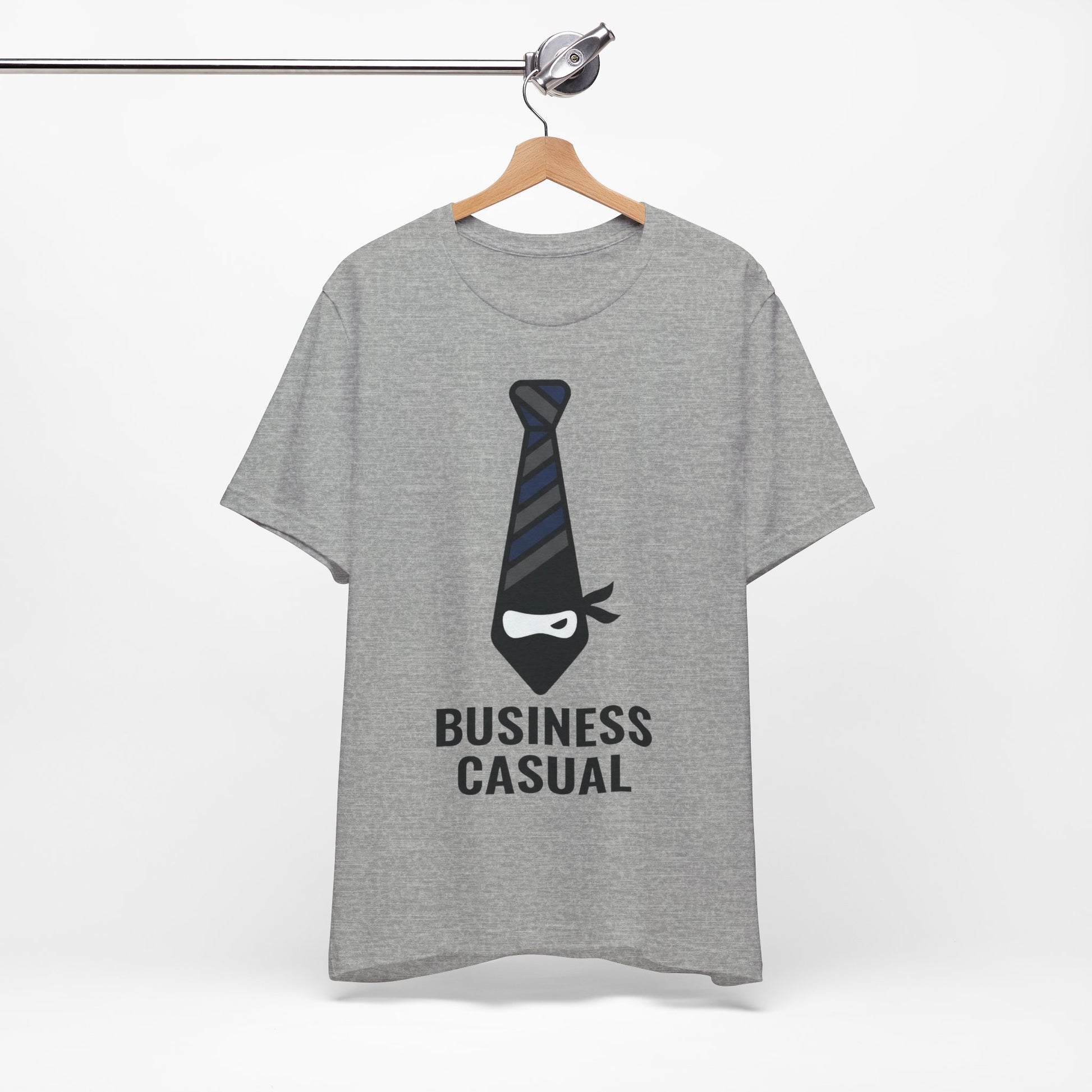 Athletic Heather Bella+Canvas 3001 unisex tee with Business Casual ninja in tie graphic, on hanger