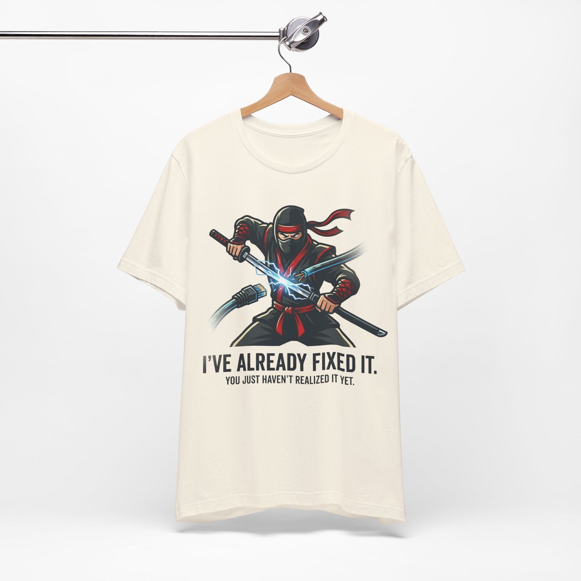 Steel Blue Bella+Canvas 3001 unisex tee with I've Already Fixed It You Just Haven't Realized It Yet ninja design, flat lay