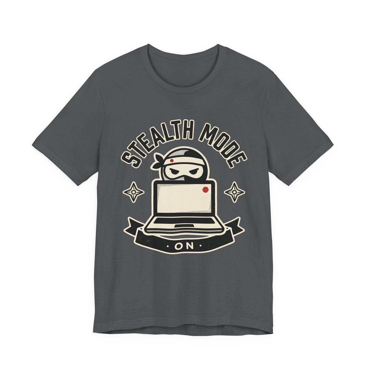 Asphalt Bella+Canvas 3001 unisex tee with Stealth Mode On ninja laptop badge graphic, flat lay