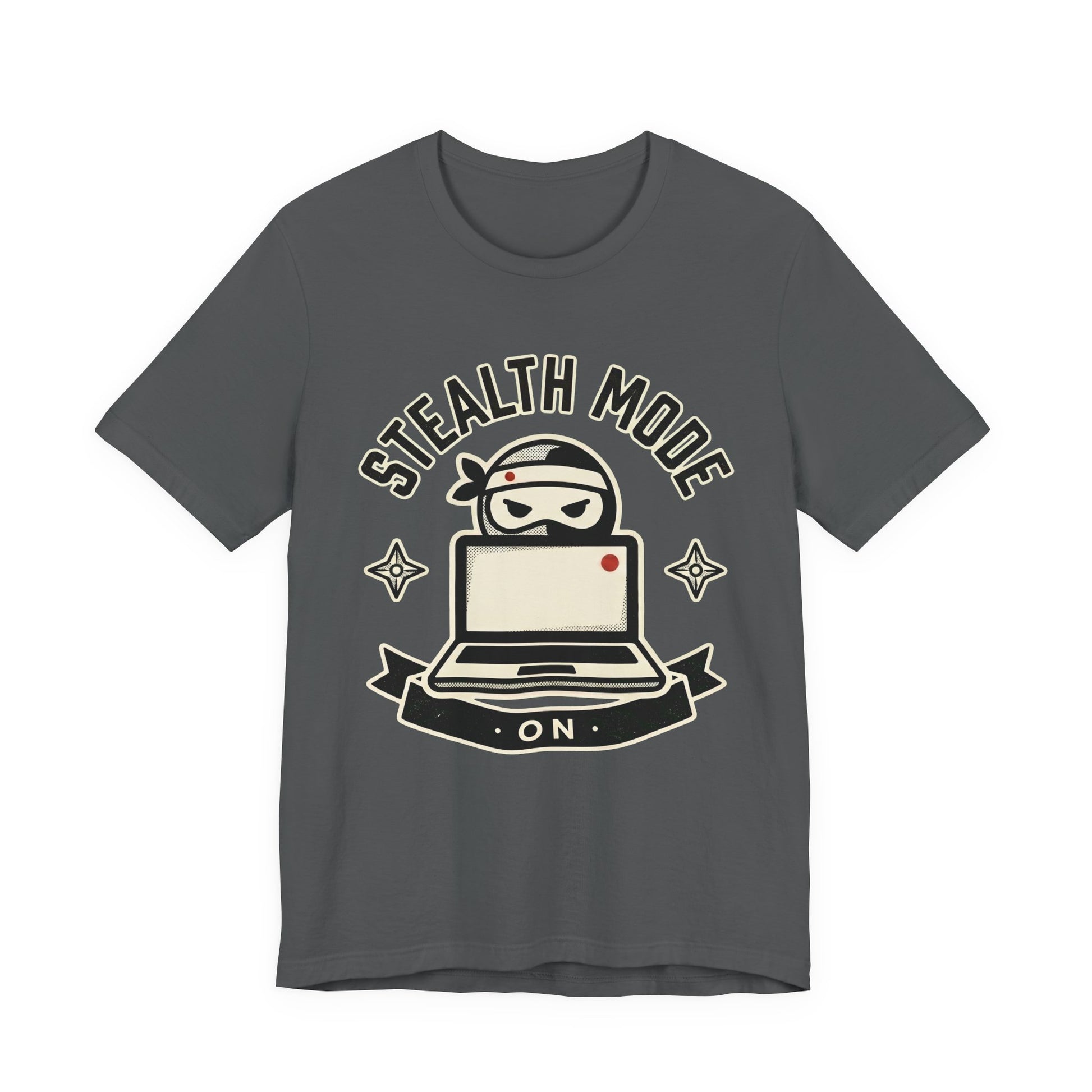 Asphalt Bella+Canvas 3001 unisex tee with Stealth Mode On ninja laptop badge graphic, flat lay