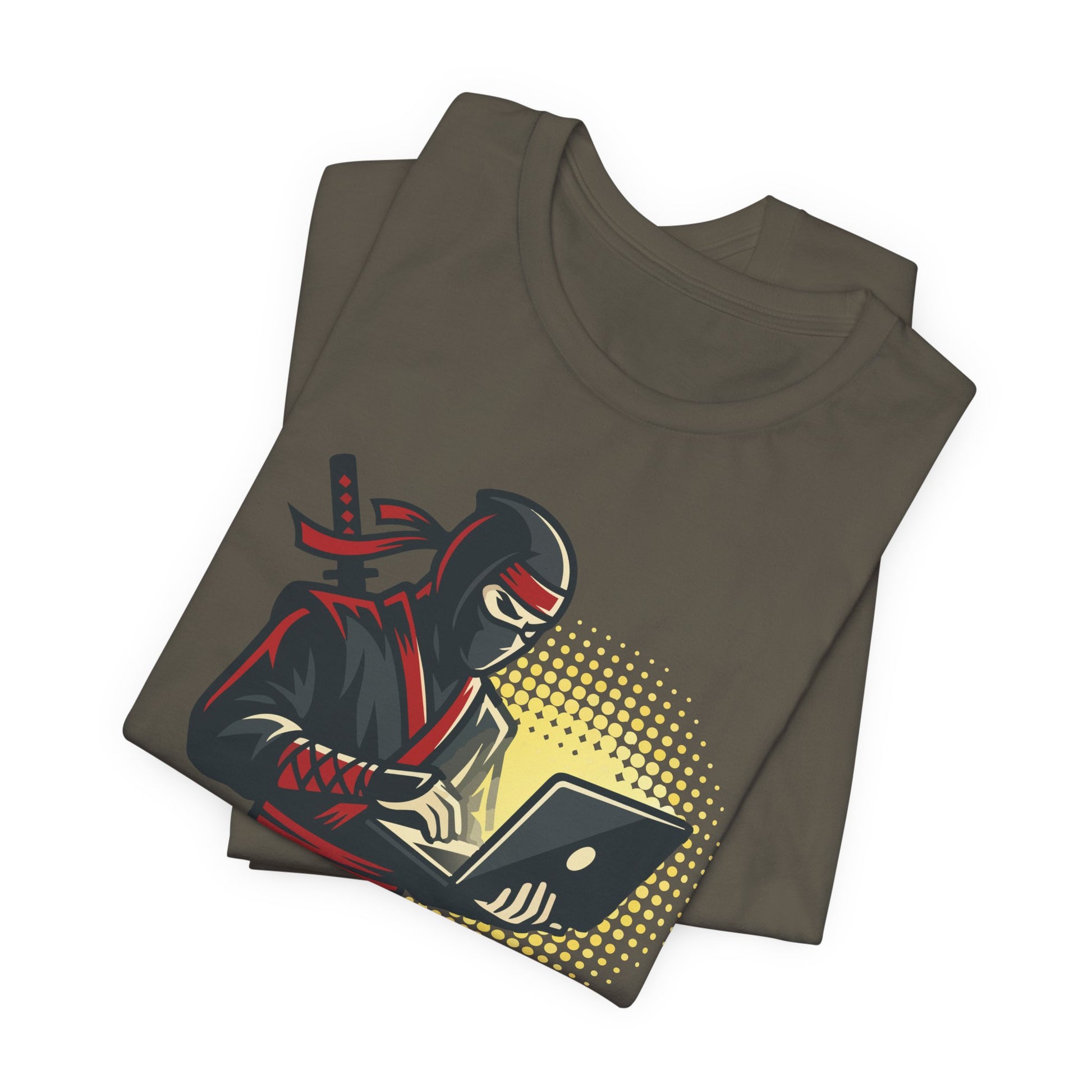 Athletic Heather Bella+Canvas 3001 unisex tee with Rockstar Ninja Developer graphic and text design, detail view
