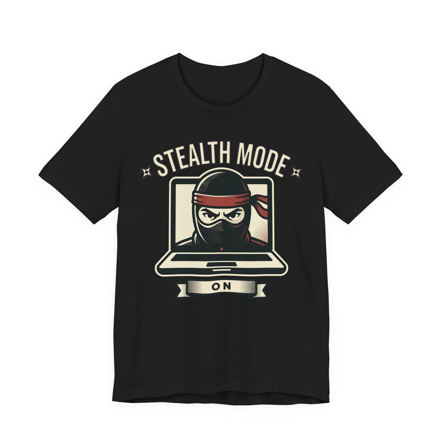 Black Bella+Canvas 3001 unisex tee with Stealth Mode On ninja laptop graphic, flat lay