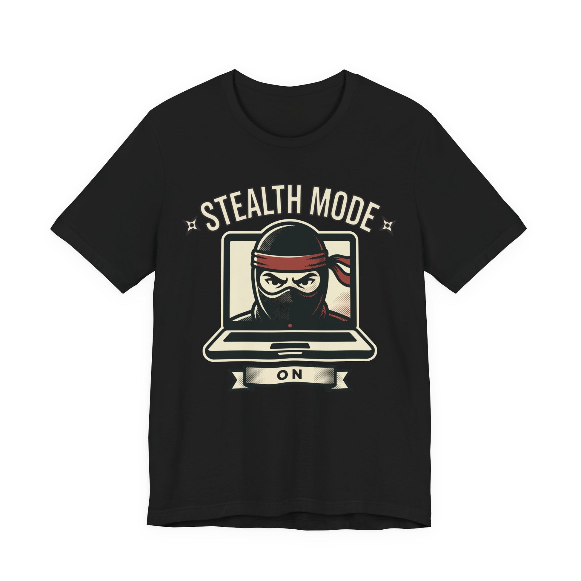Black Bella+Canvas 3001 unisex tee with Stealth Mode On ninja laptop graphic, flat lay