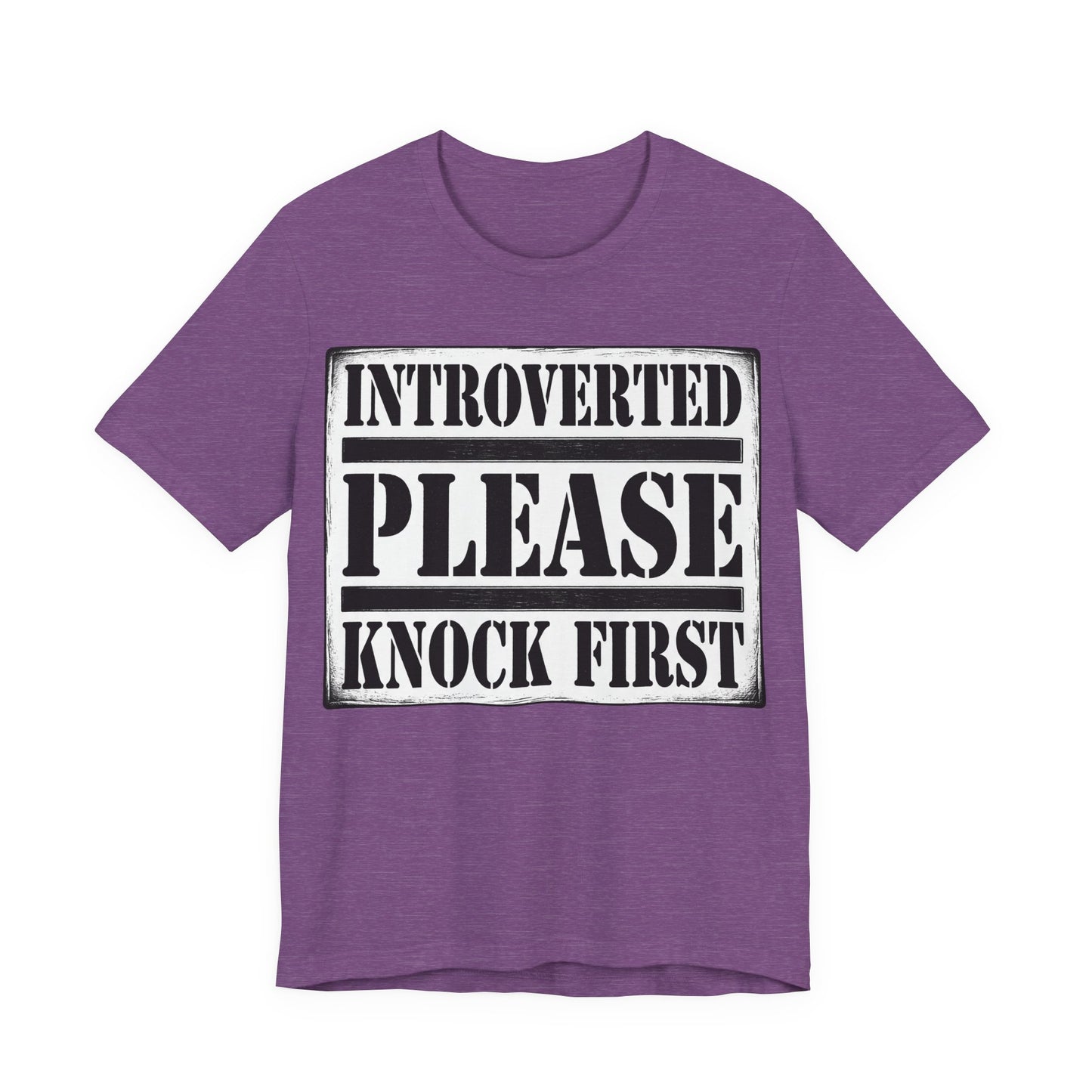Heather Team Purple Bella+Canvas 3001 unisex tee with Introverted Please Knock First graphic