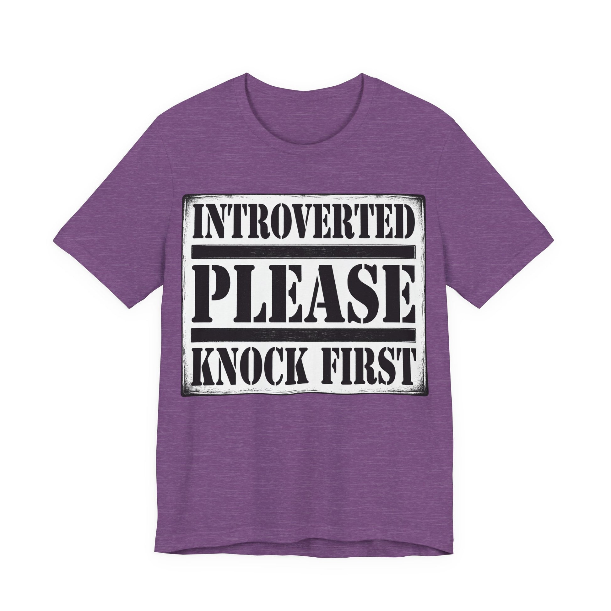 Heather Team Purple Bella+Canvas 3001 unisex tee with Introverted Please Knock First graphic