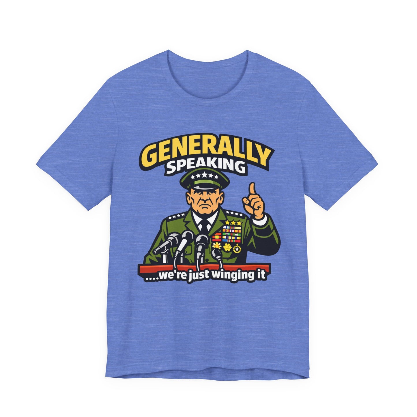 Navy Bella+Canvas 3001 unisex tee with Generally Speaking We're Just Winging It graphic, flat lay