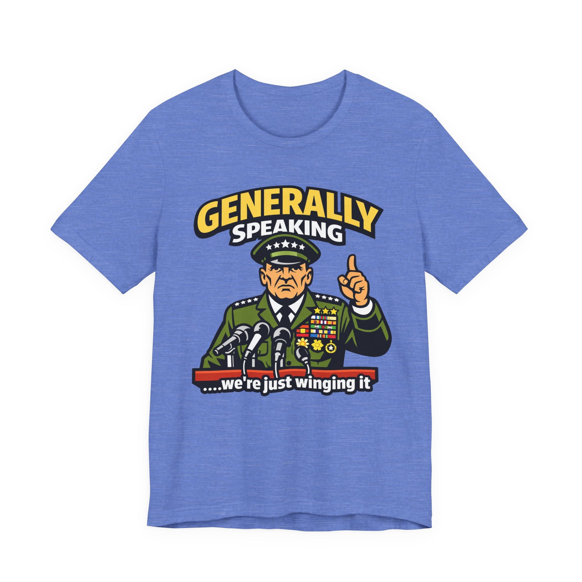 Navy Bella+Canvas 3001 unisex tee with Generally Speaking We're Just Winging It graphic, flat lay