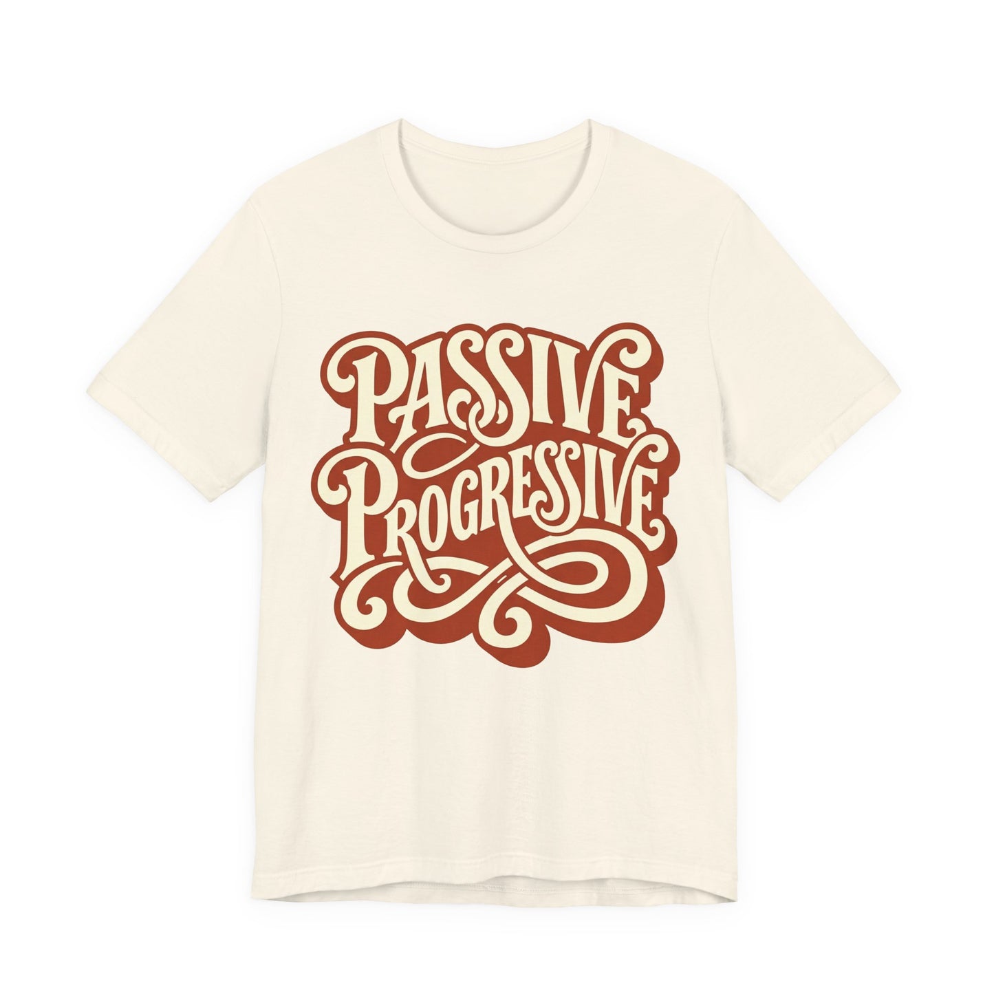 Natural Bella+Canvas 3001 unisex tee with Passive Progressive graphic, on hanger