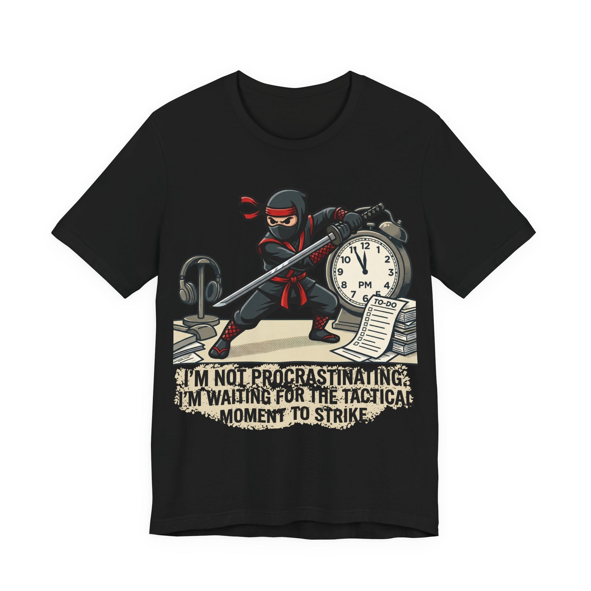 Black Bella+Canvas 3001 unisex tee with I'm Not Procrastinating ninja and clock graphic, flat lay