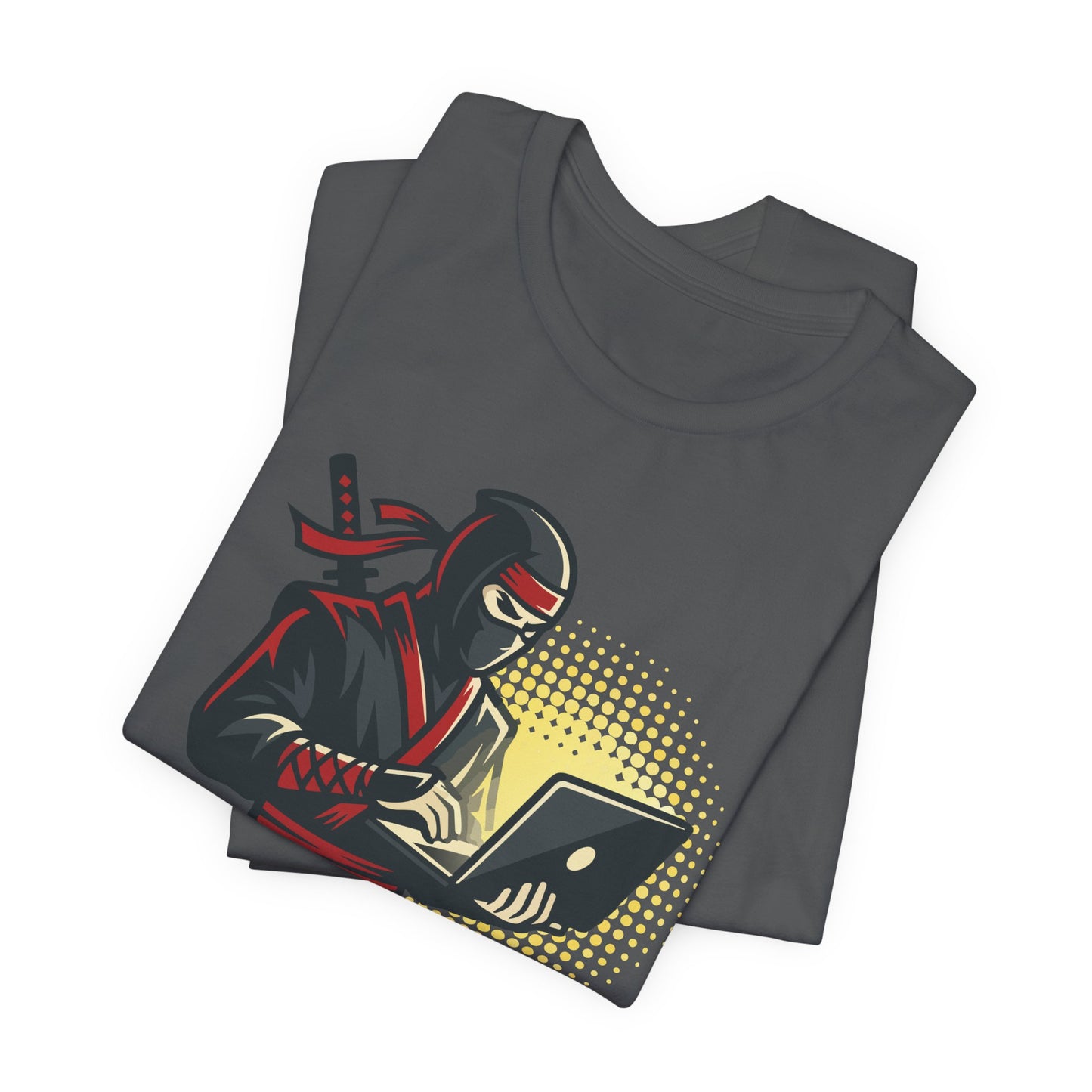 Army Bella+Canvas 3001 unisex tee with Rockstar Ninja Developer graphic and text design, flat lay