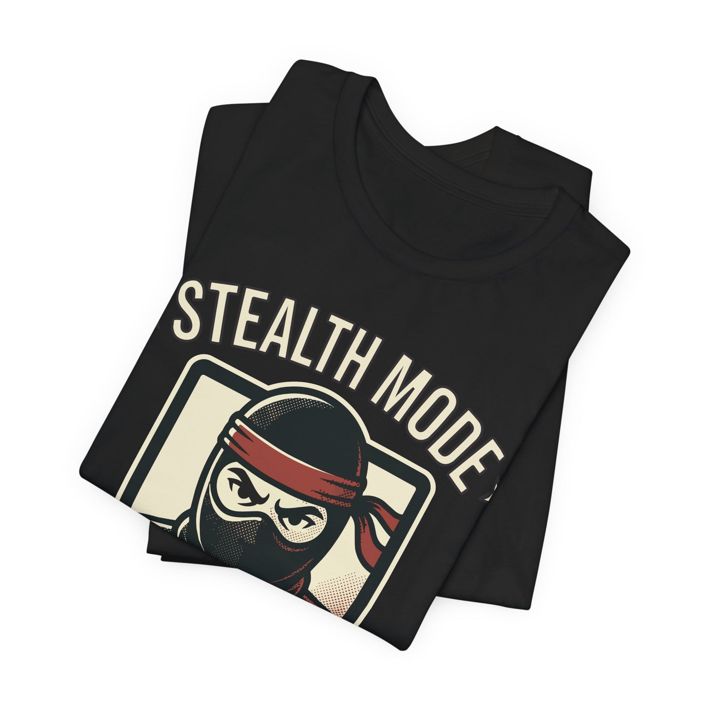 Black Bella+Canvas 3001 unisex tee with Stealth Mode On ninja laptop graphic, on hanger
