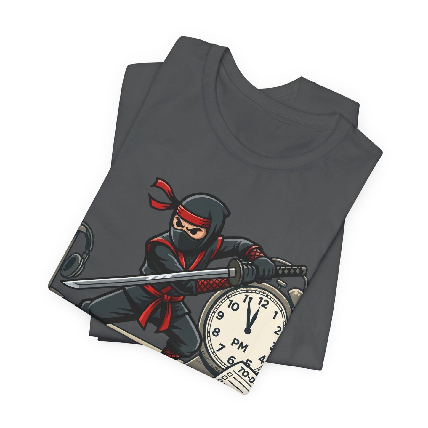 Asphalt Bella+Canvas 3001 unisex tee with I'm Not Procrastinating ninja and clock graphic, flat lay