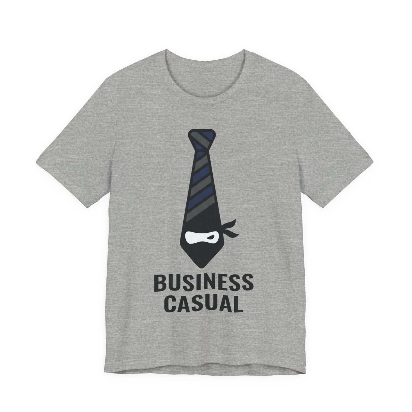 Athletic Heather Bella+Canvas 3001 unisex tee with Business Casual ninja in tie graphic, flat lay