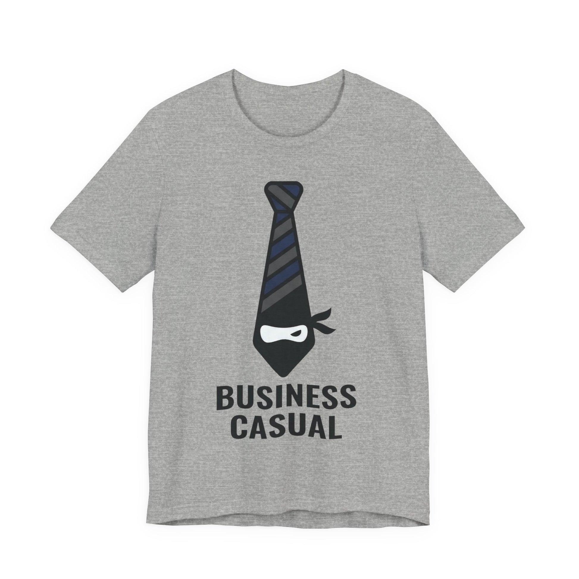 Athletic Heather Bella+Canvas 3001 unisex tee with Business Casual ninja in tie graphic, flat lay