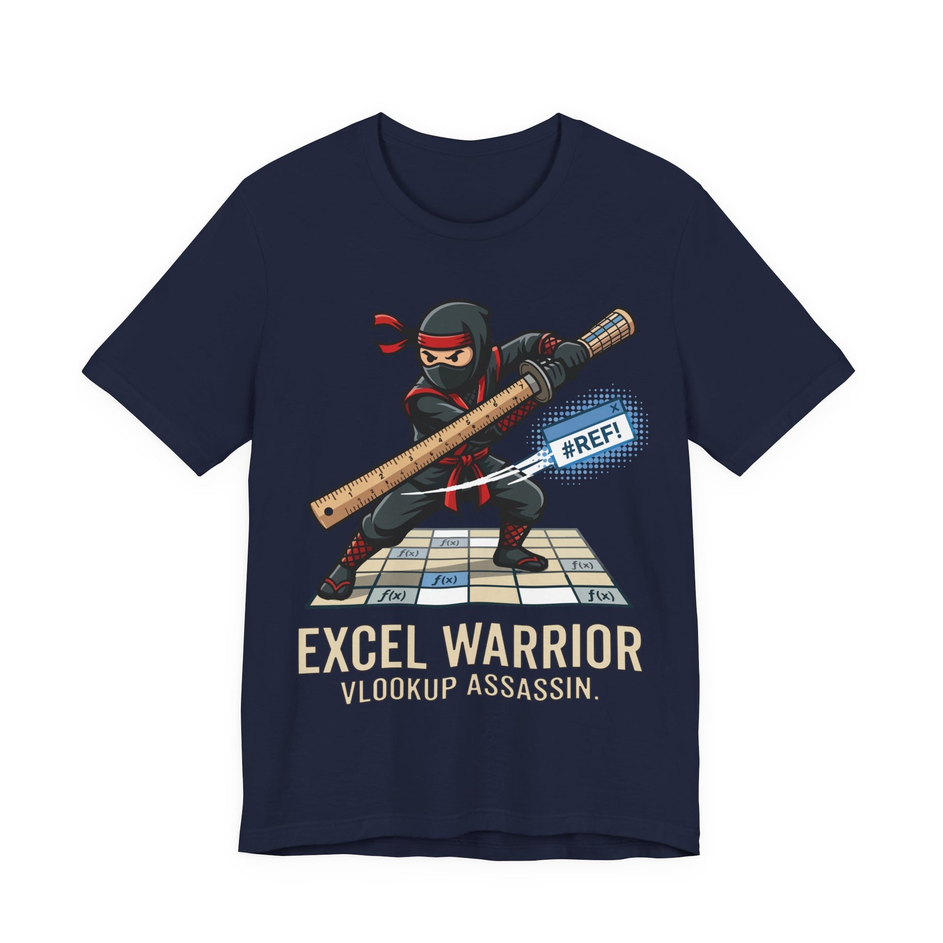 Navy Bella+Canvas 3001 unisex tee with Excel Warrior VLOOKUP Assassin ninja spreadsheet graphic, on hanger