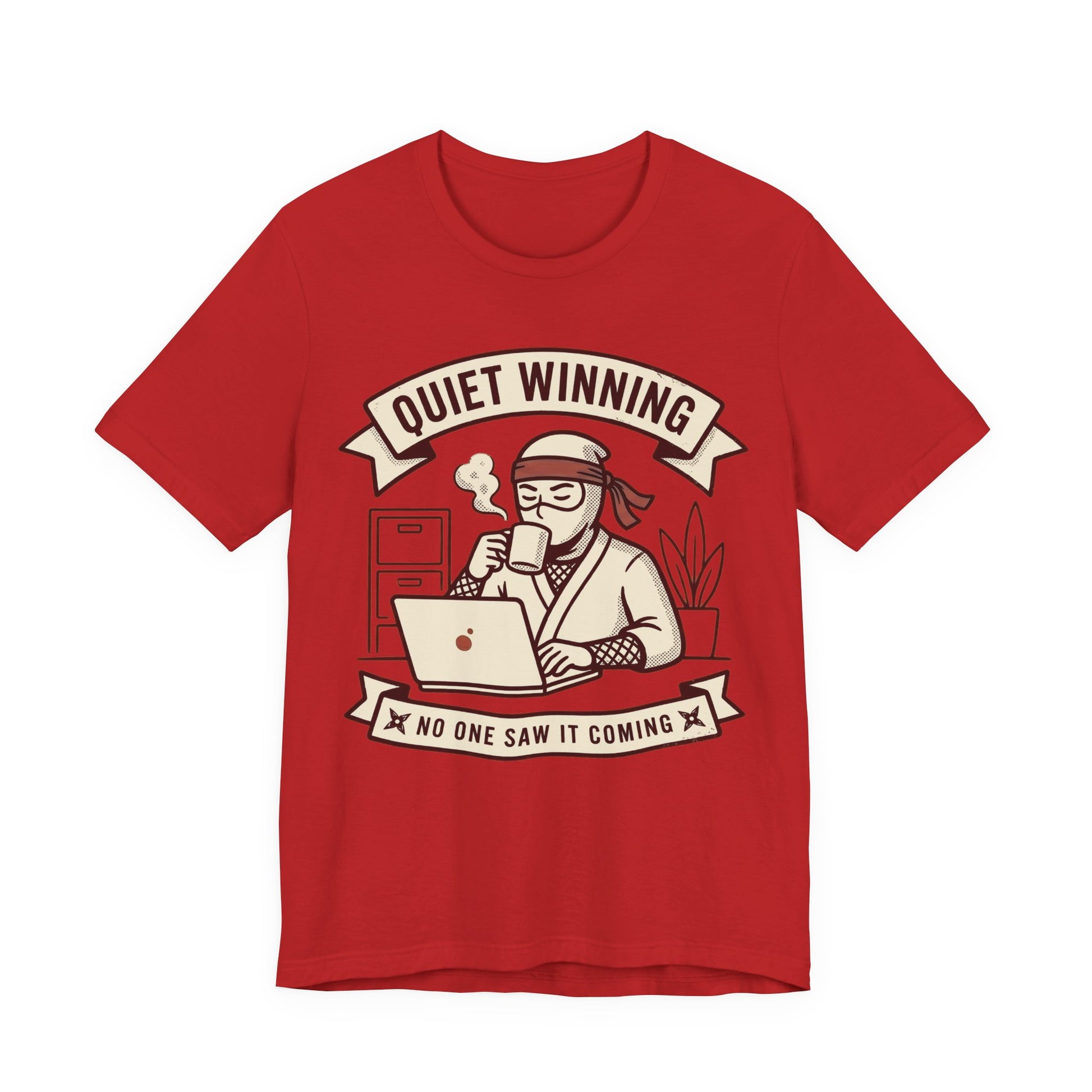 Red Bella+Canvas 3001 unisex tee with Quiet Winning ninja laptop design, on hanger