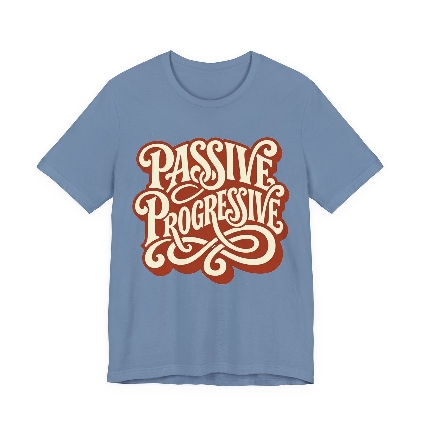 Steel Blue Bella+Canvas 3001 unisex tee with Passive Progressive graphic, on hanger