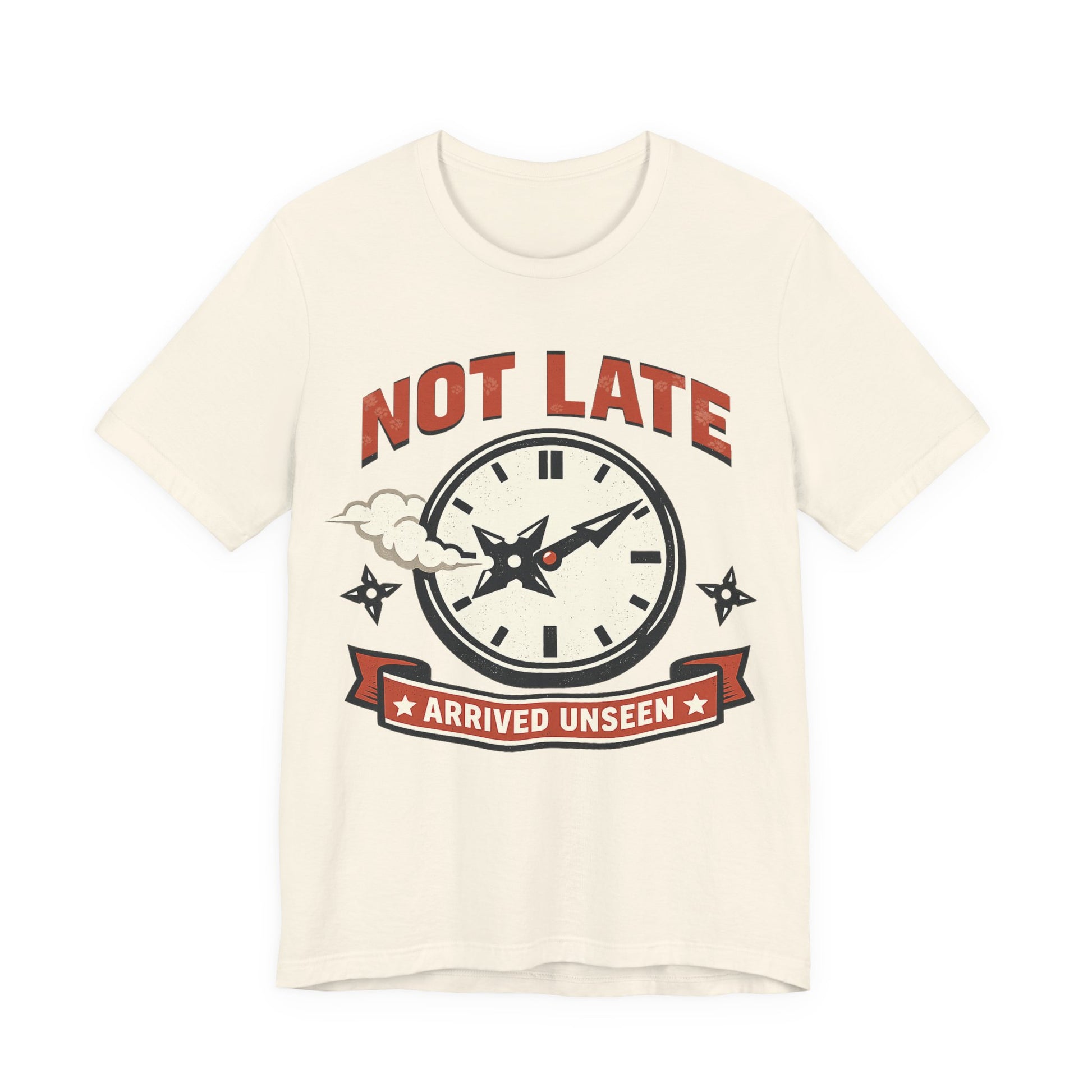 Natural Bella+Canvas 3001 unisex tee with Not Late Arrived Unseen ninja clock design, on hanger