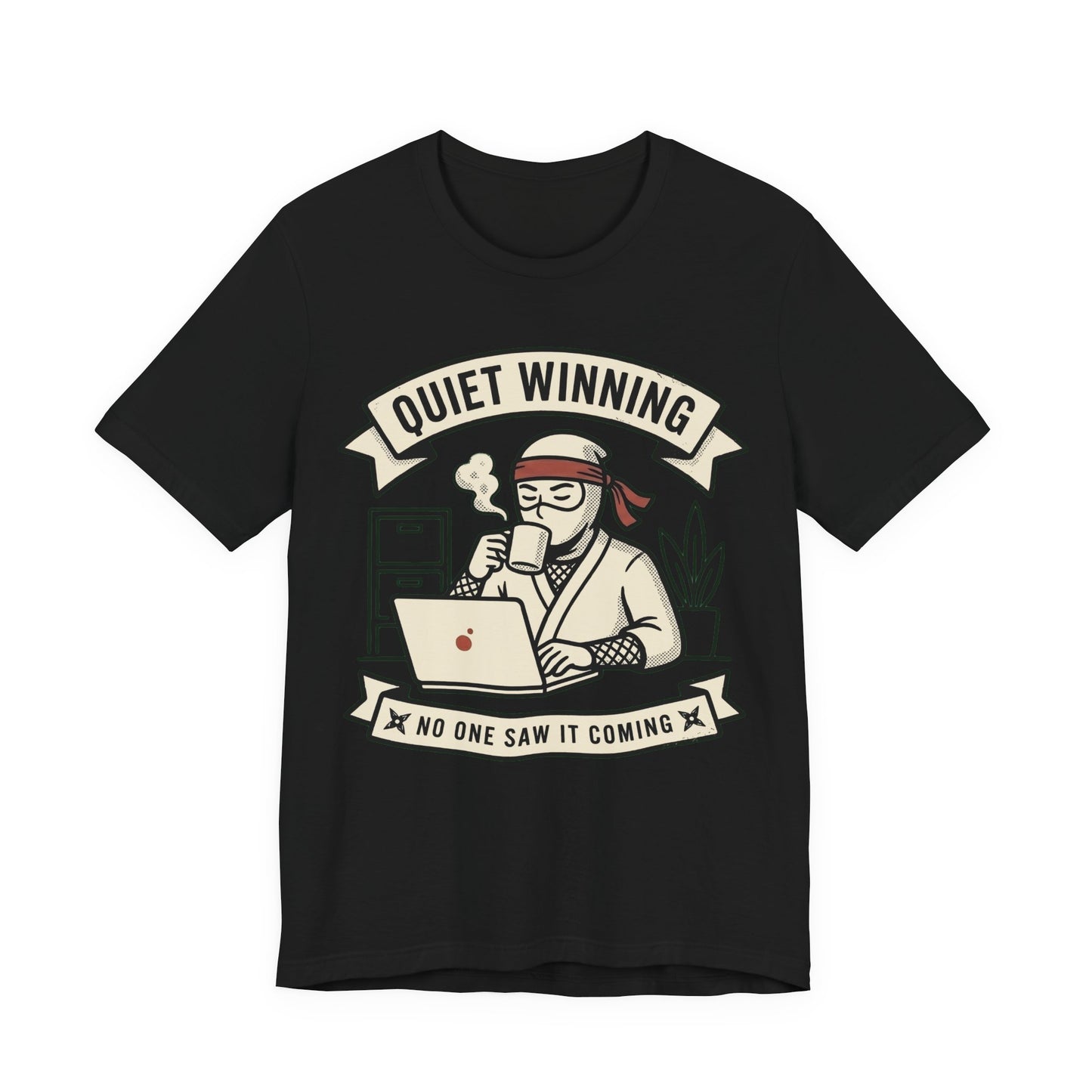 Black Bella+Canvas 3001 unisex tee with Quiet Winning ninja laptop design, flat lay