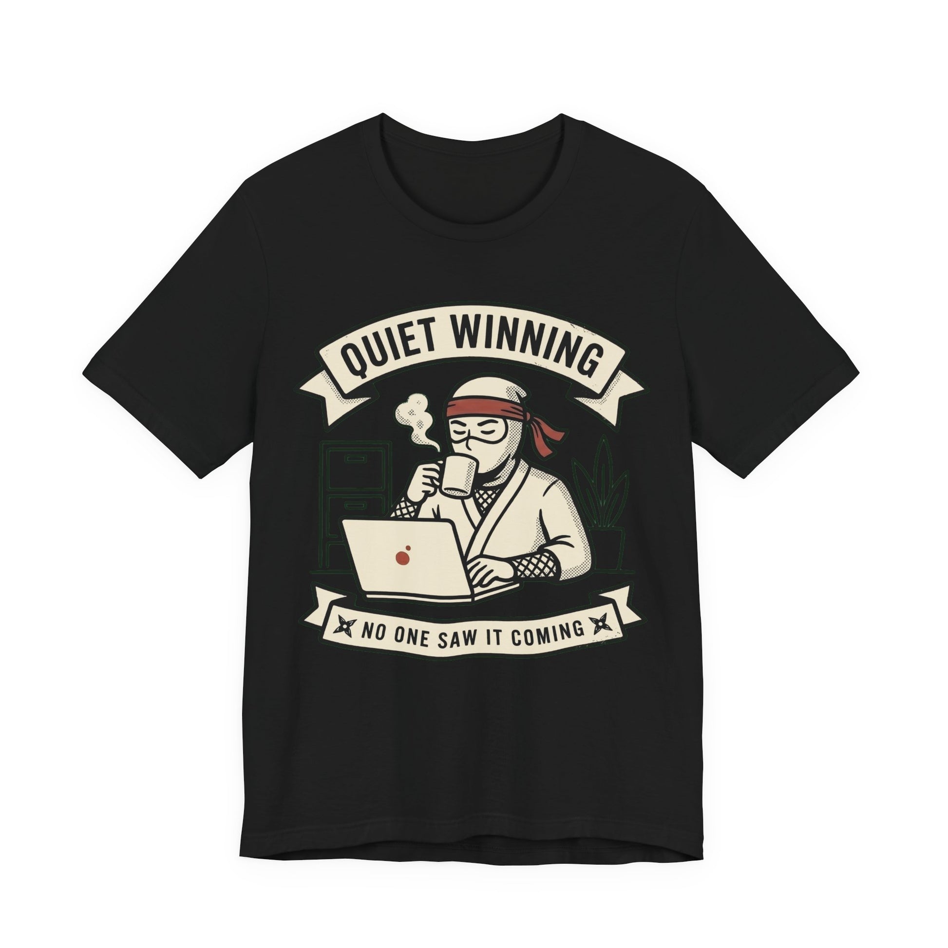 Black Bella+Canvas 3001 unisex tee with Quiet Winning ninja laptop design, flat lay