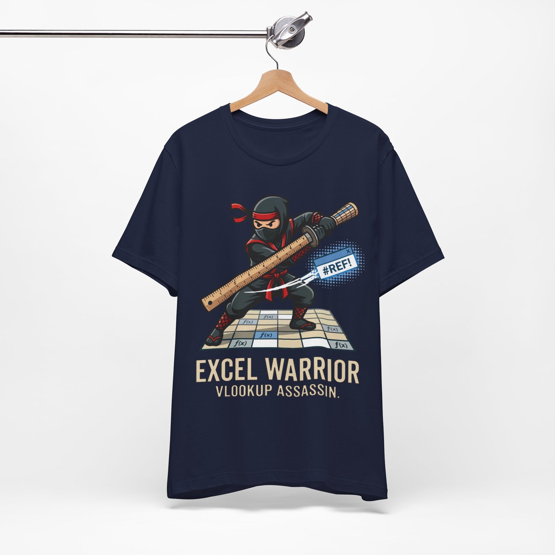True Royal Bella+Canvas 3001 unisex tee with Excel Warrior VLOOKUP Assassin ninja spreadsheet graphic, flat lay