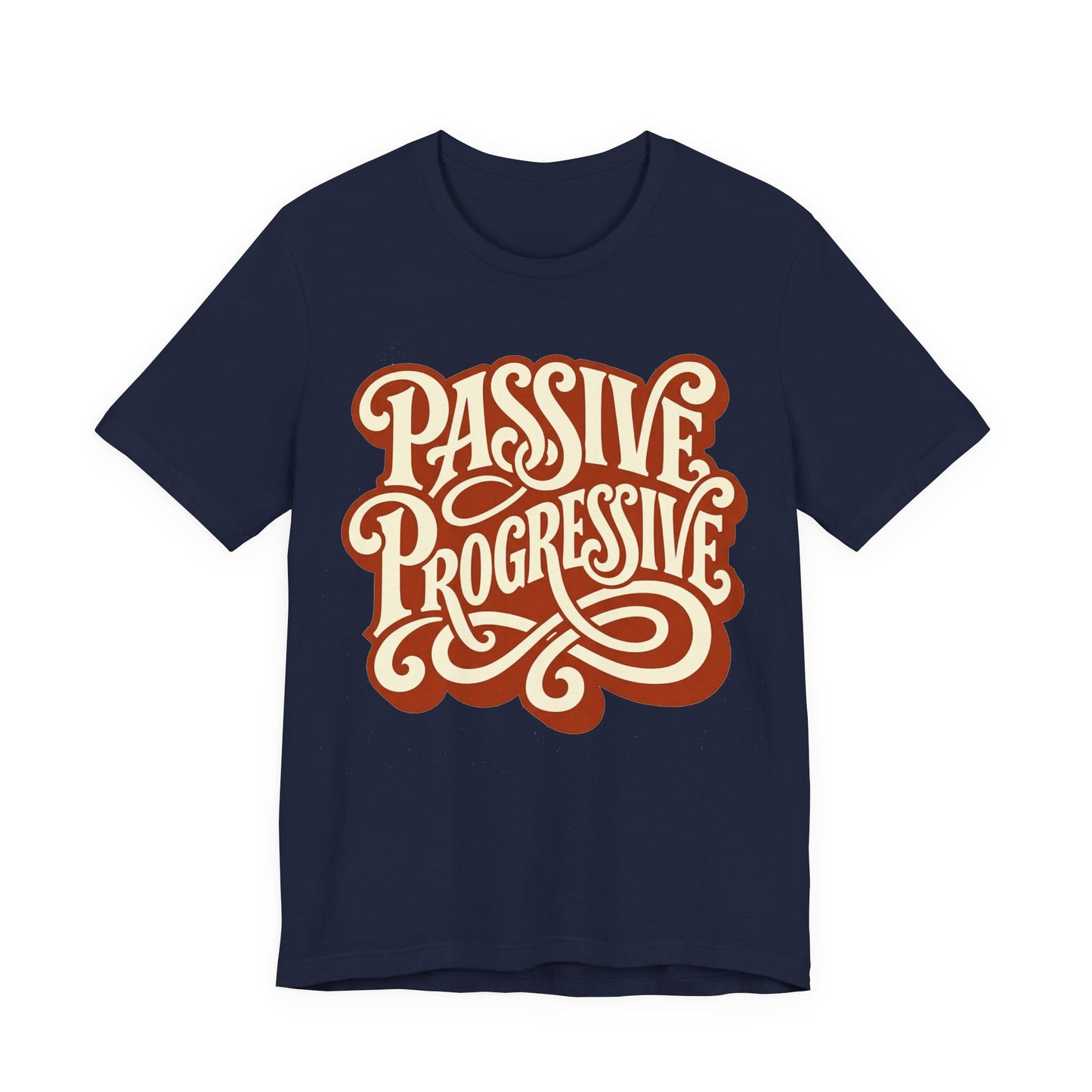 Navy Bella+Canvas 3001 unisex tee with Passive Progressive graphic, on hanger