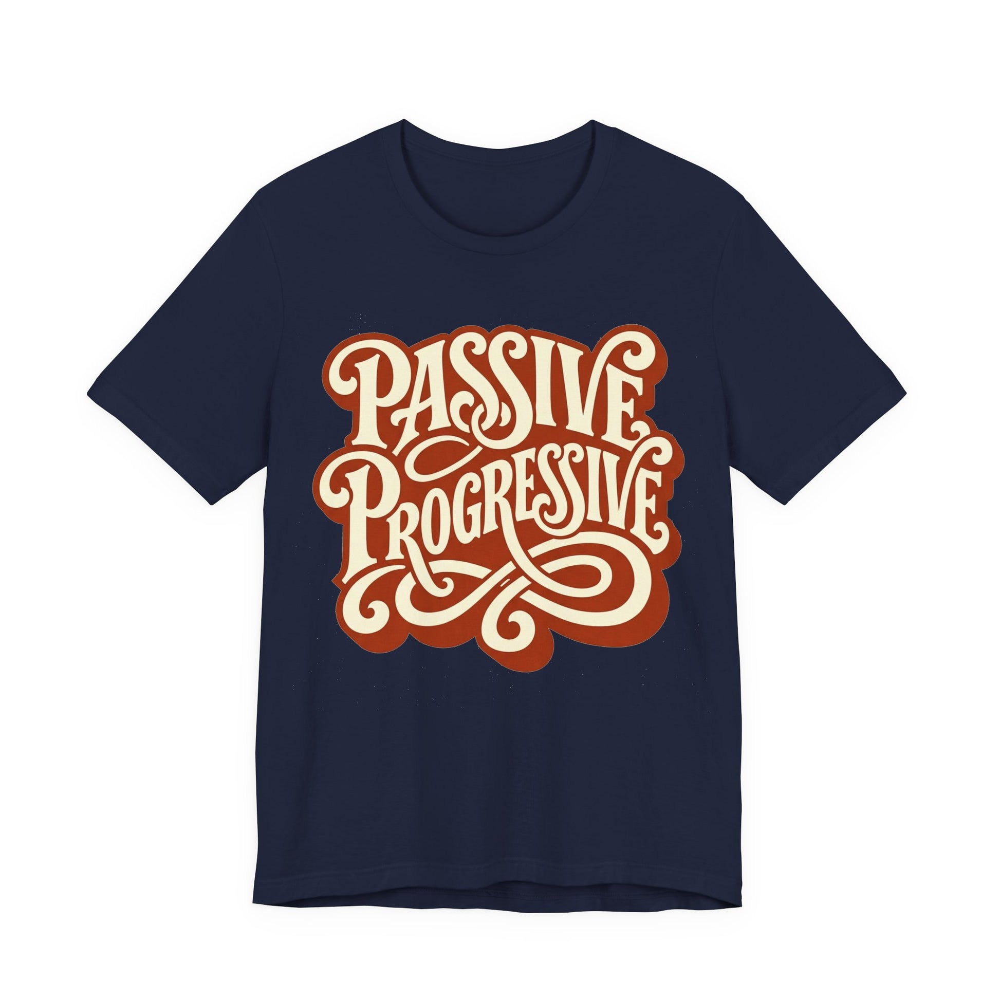 Navy Bella+Canvas 3001 unisex tee with Passive Progressive graphic, on hanger