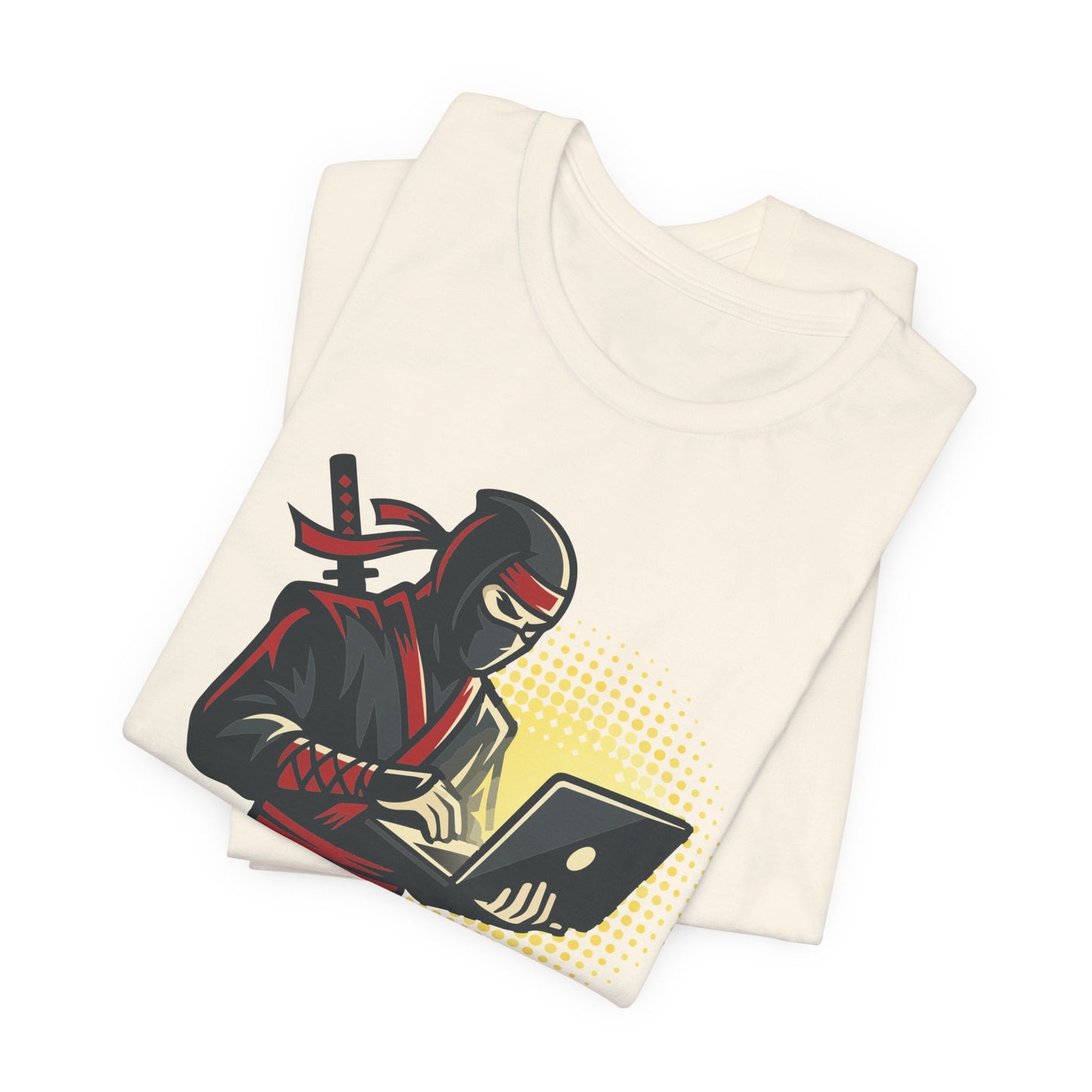 Natural Bella+Canvas 3001 unisex tee with Rockstar Ninja Developer graphic and text design, on hanger
