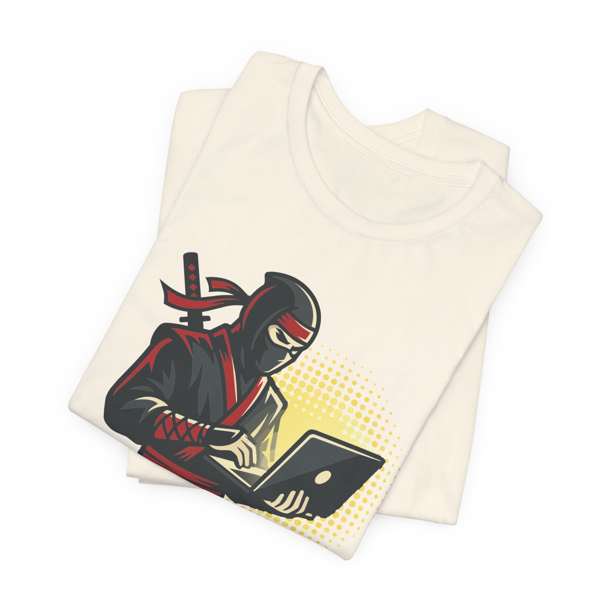 Natural Bella+Canvas 3001 unisex tee with Rockstar Ninja Developer graphic and text design, on hanger