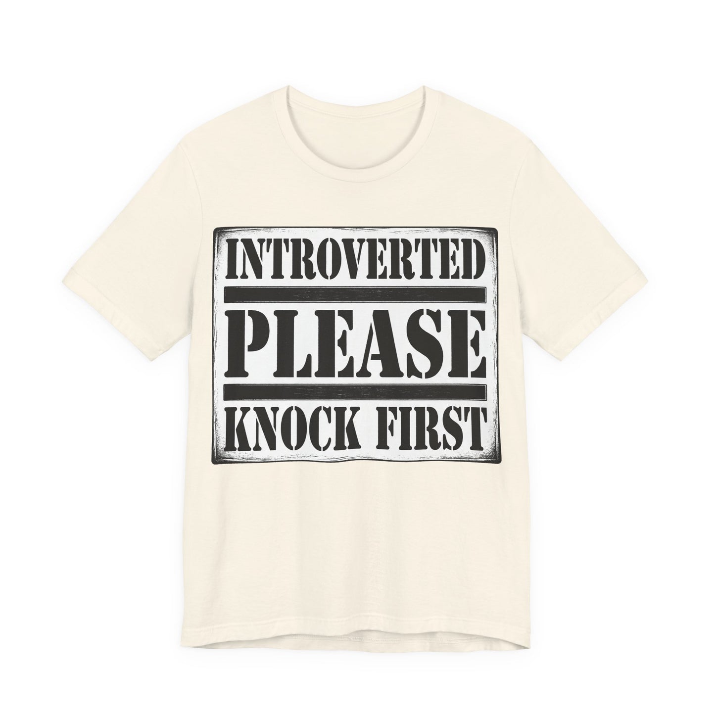 Natural Bella+Canvas 3001 unisex tee with Introverted Please Knock First graphic