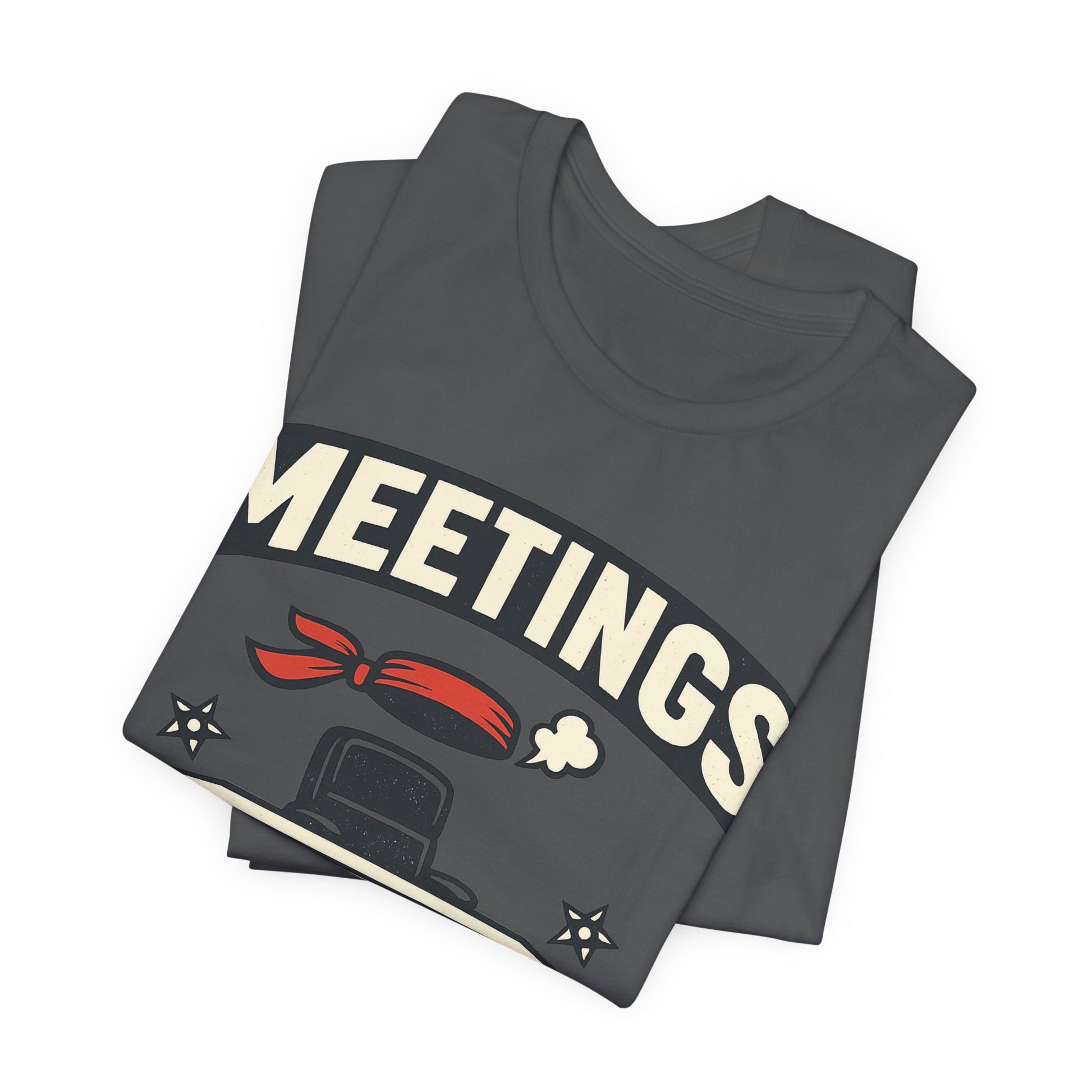 Asphalt Bella+Canvas 3001 unisex tee with Meetings I Attend Invisibly ninja badge graphic, flat lay