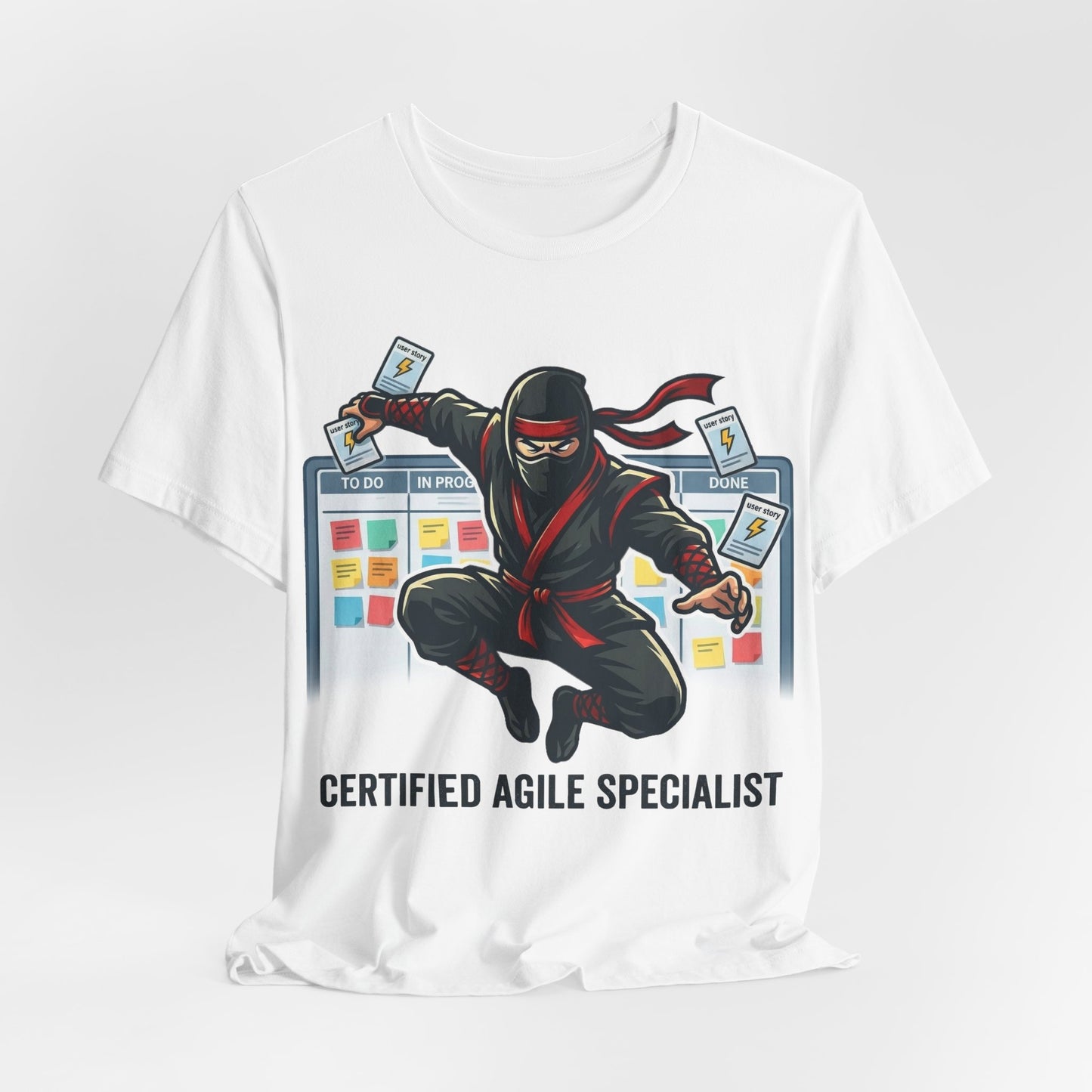 Deep Heather Bella+Canvas 3001 unisex tee with Certified Agile Specialist ninja kanban design, detail view
